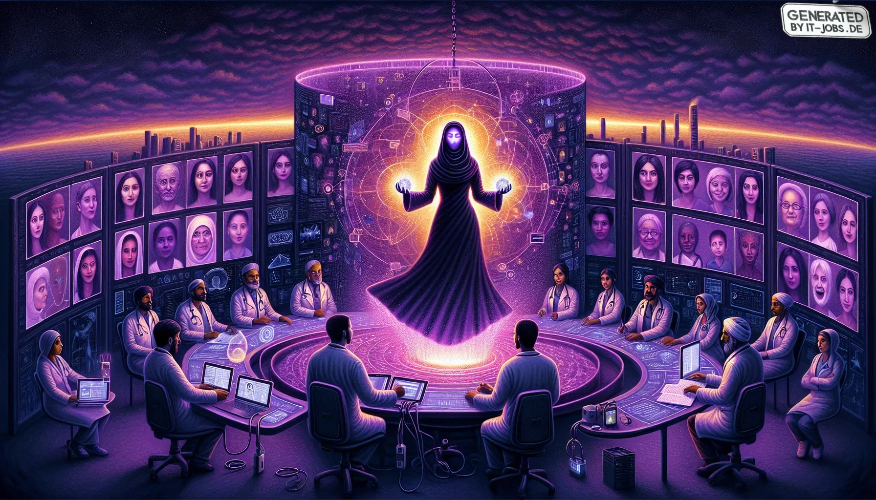 In this visualization, we delve deep into the dynamic and transformative world of Artificial Intelligence in healthcare, as described in the concluding remarks of an insightful discussion. The canvas is dominated by a rich, dark purple hue, casting an aur