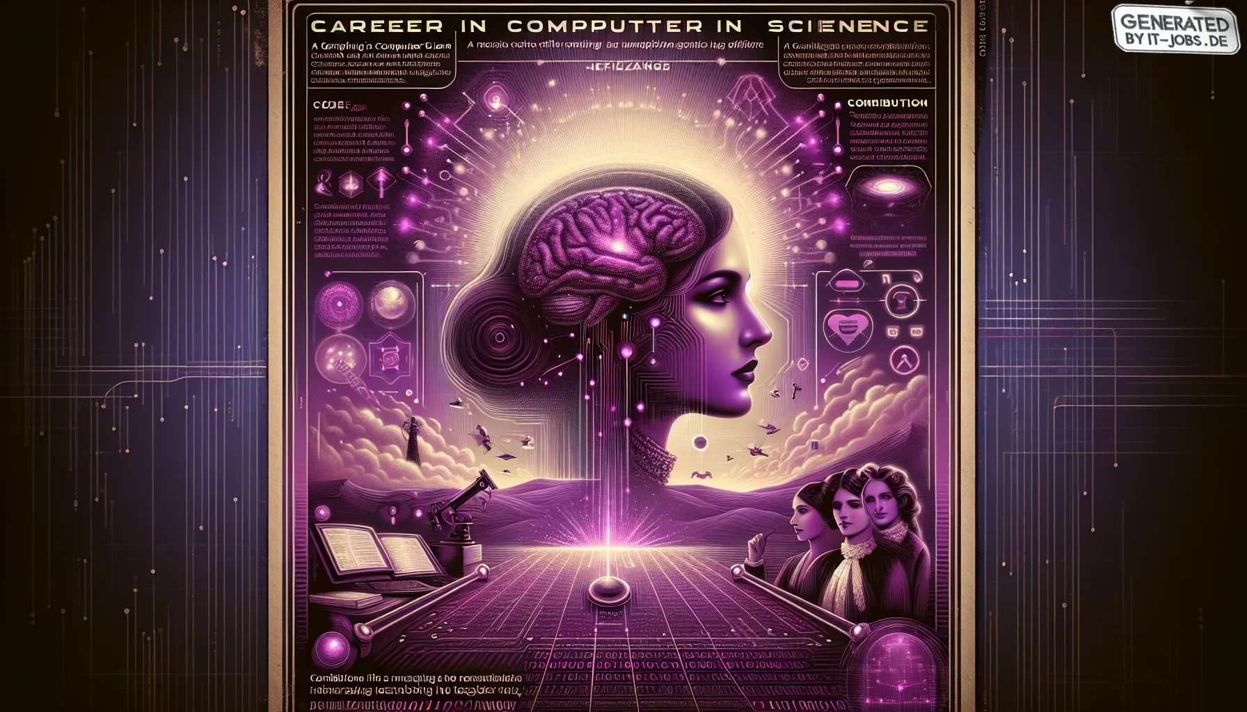 Visualize a dynamic, visually striking poster that captures the essence of Mary Kenneth Keller's profound impact on the world of computer science and education. The color scheme is dominated by dark purples, evoking a sense of deep knowledge and the myste