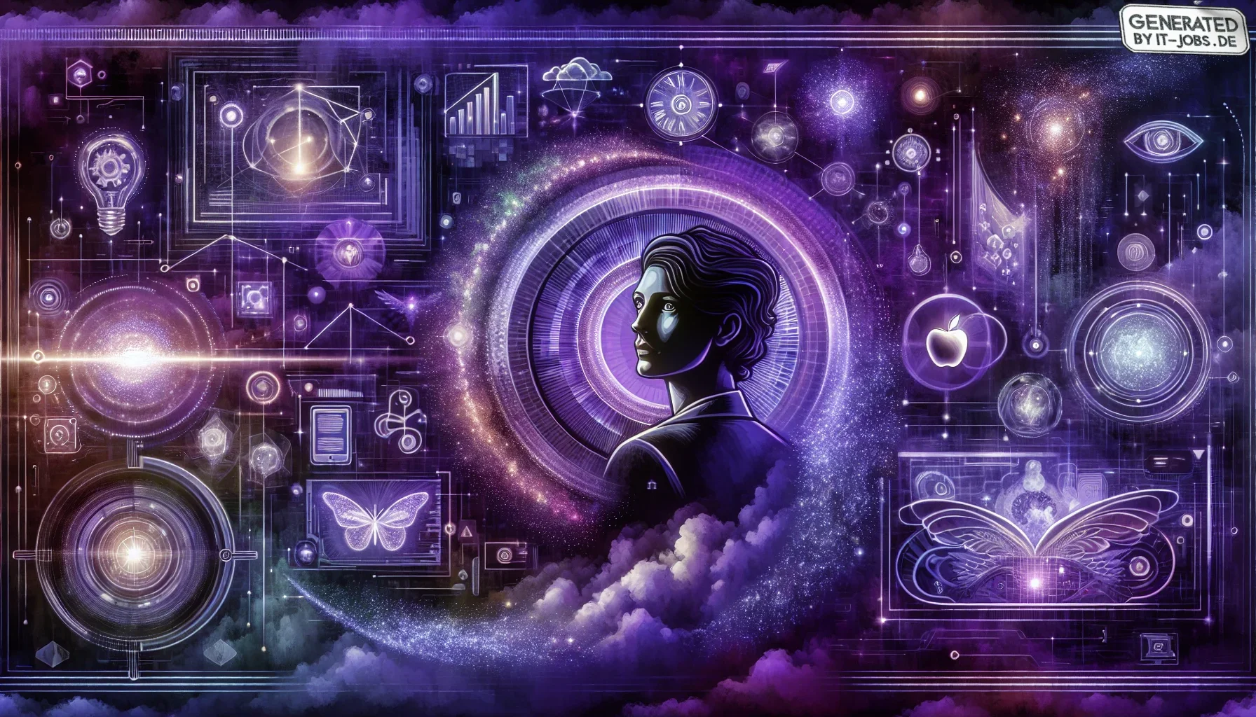 The visualization opens with a sprawling digital canvas bathed in deep, dark purple hues, evoking a sense of mystery and the vast expanse of the unknown in the realm of artificial intelligence. The central figure, Demis Hassabis, stands prominently, depic