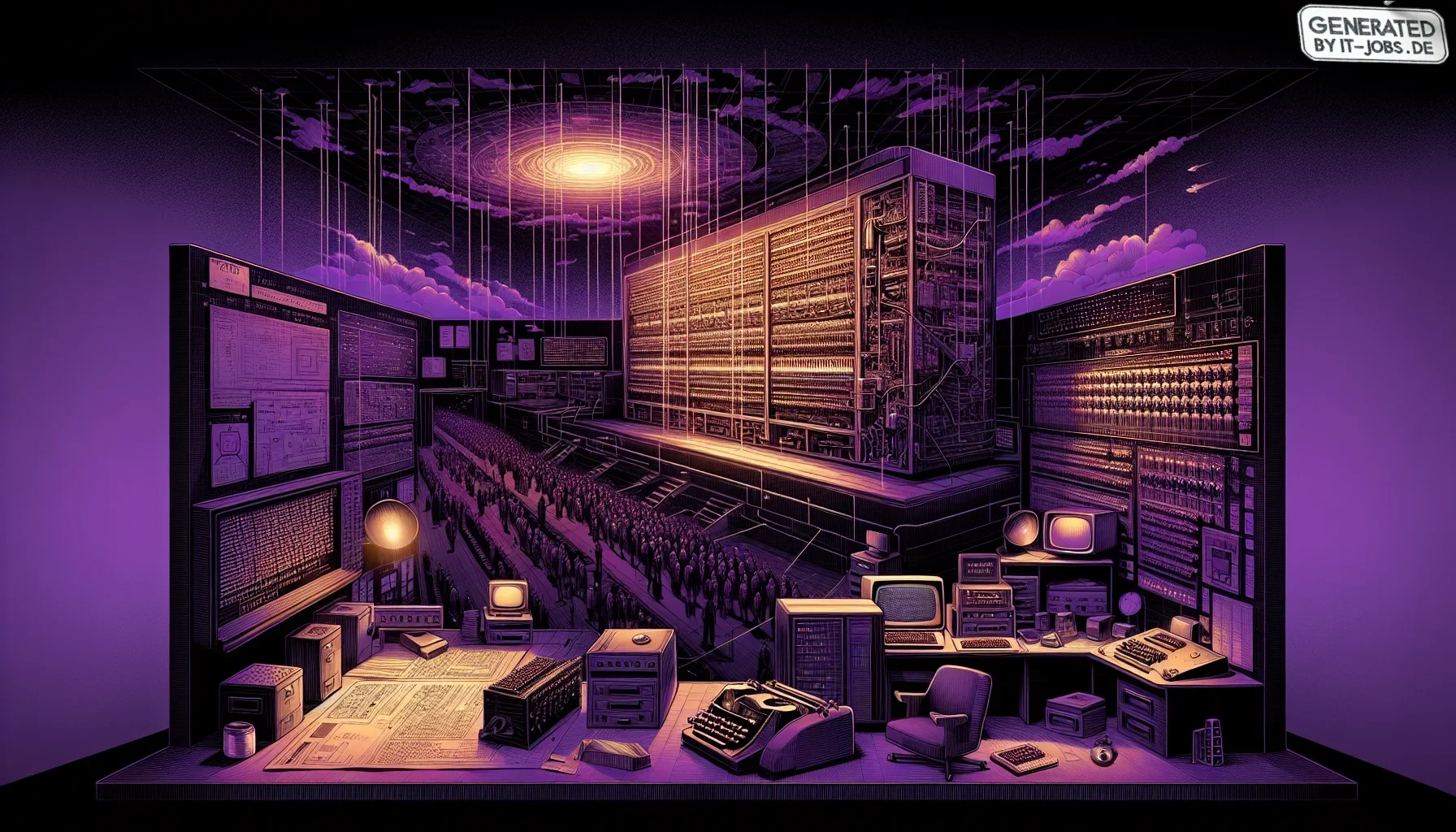 The visualization for the paragraph about the invention of the Z3 Computer unfolds in a dynamic and emotionally charged artwork that encapsulates the awe and somberness of the era. The scene is set with a dark purple hue dominating the canvas, creating a 