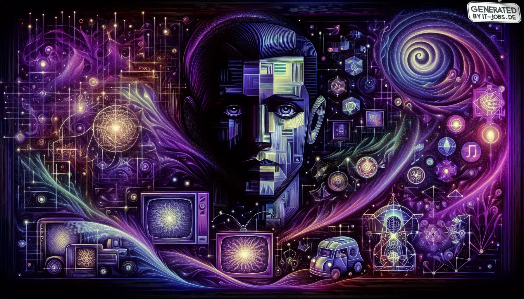 In the envisioned visualization, the canvas is steeped in deep, dark purple tones, creating a mysterious and profound backdrop that speaks to the depth and complexity of John McCarthy's contributions to artificial intelligence. This edgy, almost futuristi