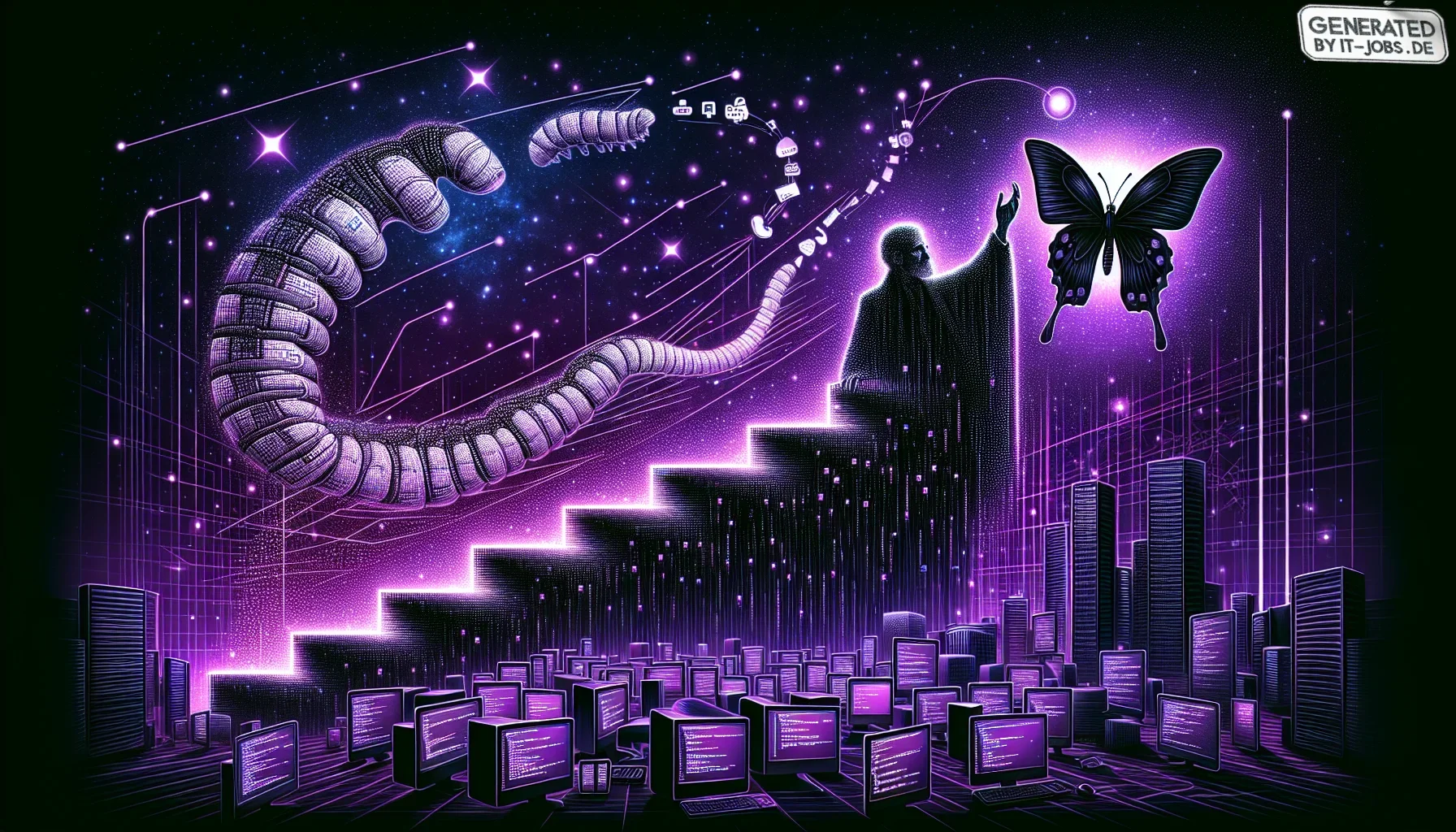 Visualize a striking and dynamic digital artwork that captures both the historical significance and the promising future of Python, all framed within an edgy, dark purple aesthetic that resonates with the theme of tech innovation and cultural references.
