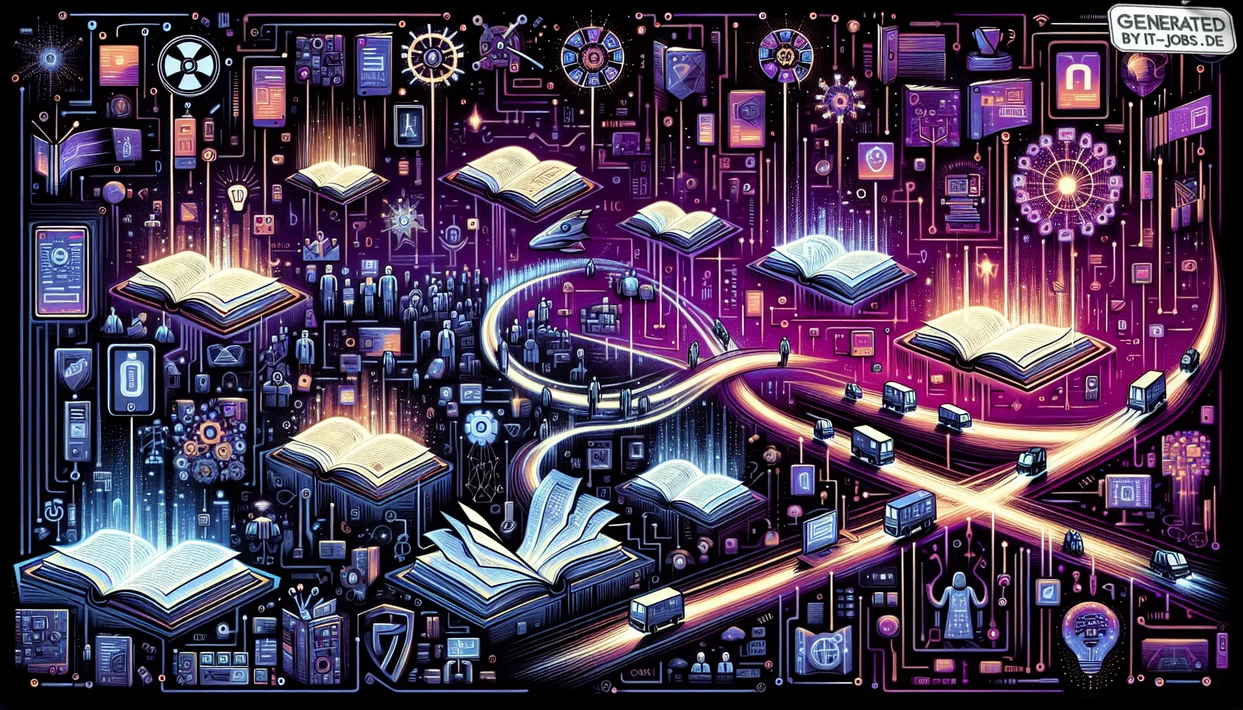 The visualization is a dynamic, edgy tapestry set against a dark purple backdrop, evocative of a digital night sky teeming with innovation. The scene pulses with energy, similar to a neon-lit cityscape that moves to the rhythm of a bustling tech metropoli