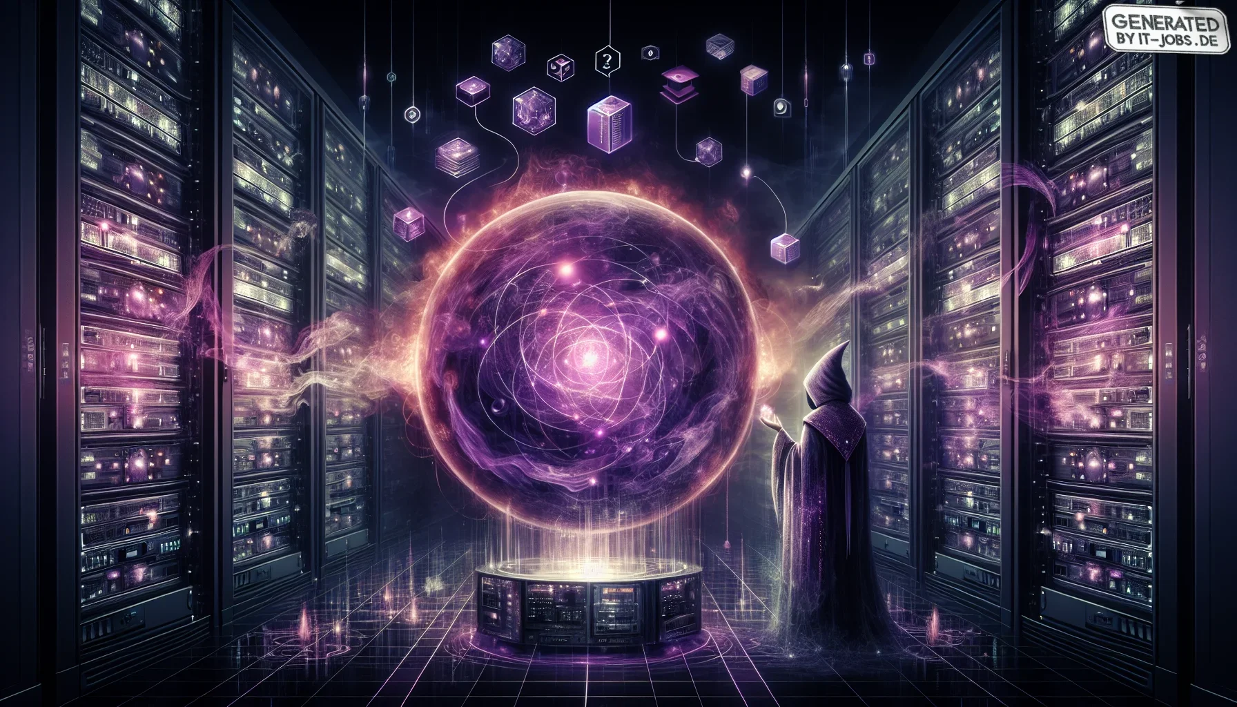Imagine a vivid and compelling digital artwork that encapsulates the futuristic essence of Digital Twin Technology in IT infrastructure. The overall tone of the image is dark yet vibrant, primarily in shades of dark purple, symbolizing deep insight and te