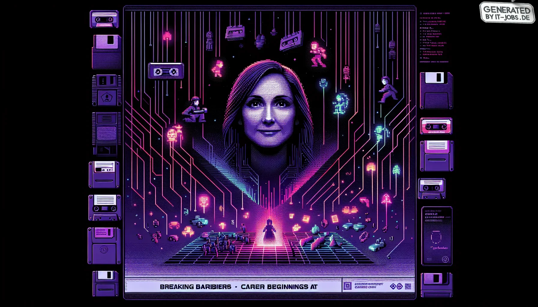 Visualize a dynamic, edgy poster that captures the essence of Carol Shaw's pioneering journey in the video game industry. The overall color scheme is dominated by dark purple hues, creating a moody and intense backdrop that reflects the revolutionary spir