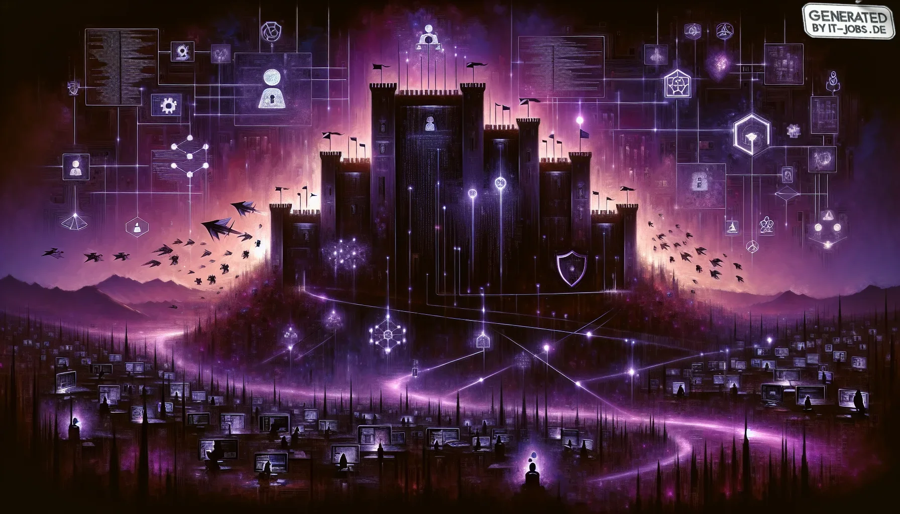 Visualize a dark, expansive canvas painted in enigmatic shades of deep purple, the ambiance echoing the shadowy realms of cyberspace. At the center, a digital fortress stands imposingly, its walls adorned with intricate cyber glyphs and glowing nodes that