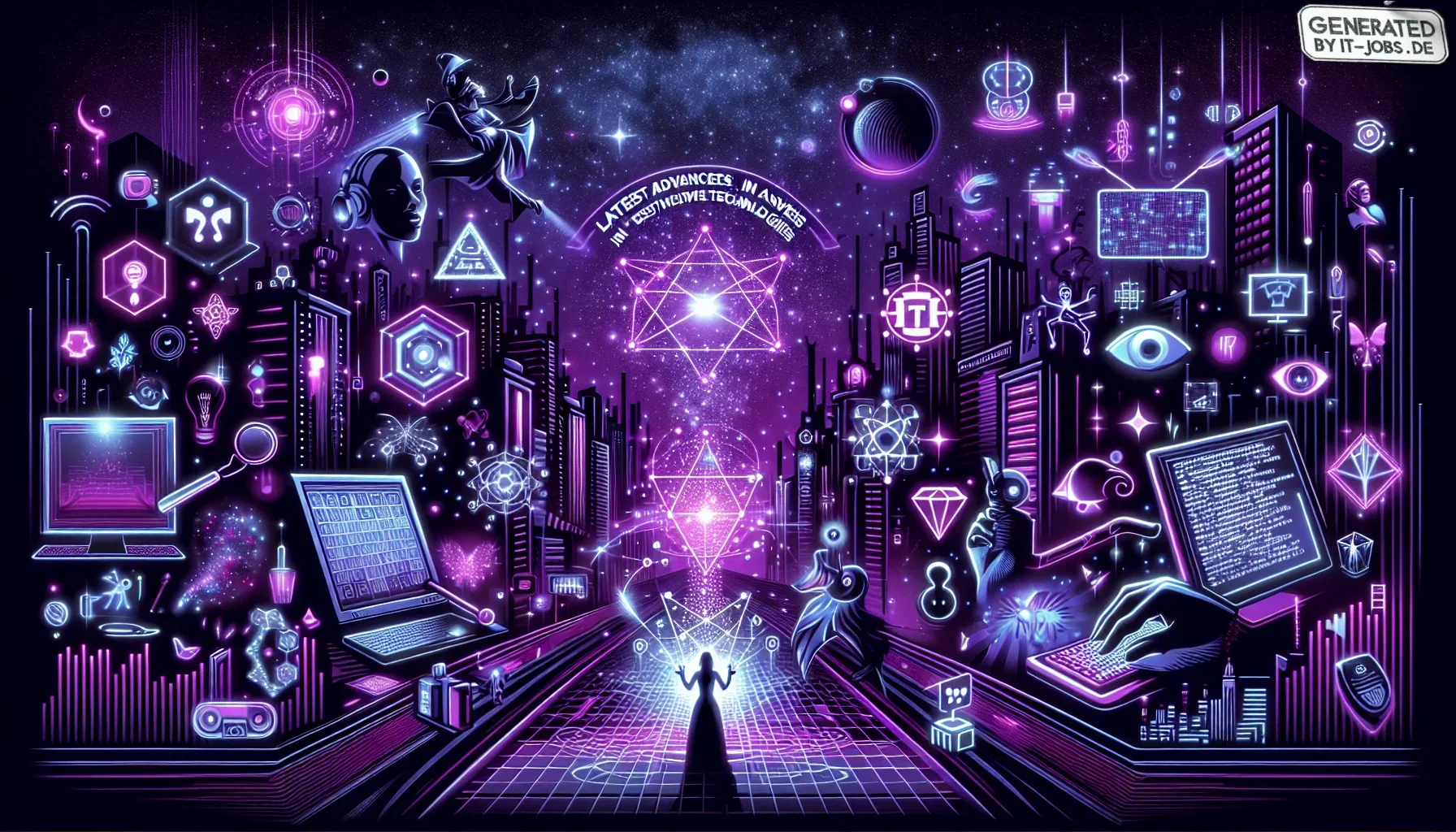 Picture a dynamic and visually striking digital canvas, steeped in deep, dark purples that exude a sense of the mysterious and the futuristic. The overall aesthetic is edgy, echoing the vibe of a cyberpunk cityscape under a starless night sky. At the cent