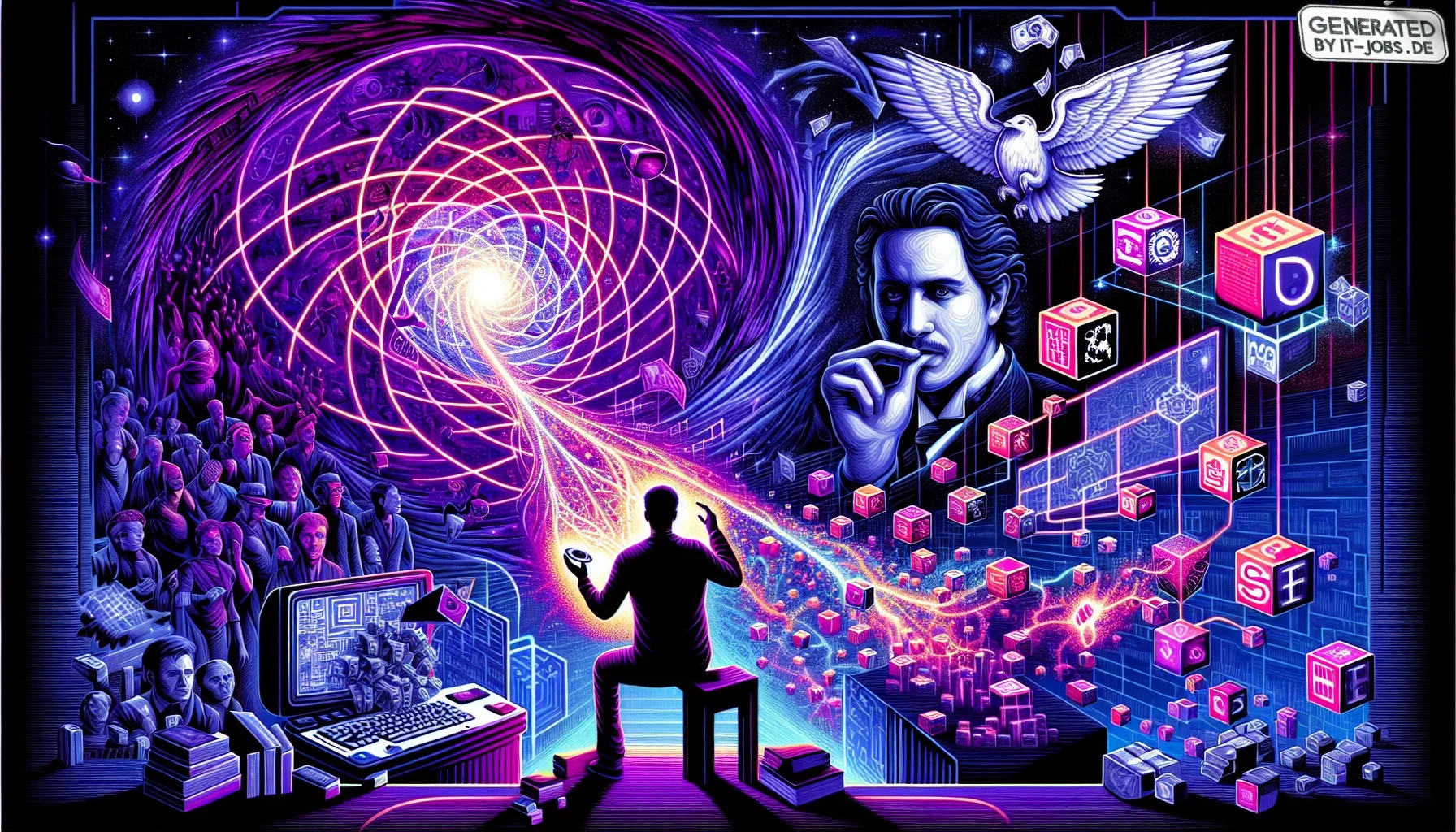 Visualize a vivid and dynamic digital art piece, suffused with a dark purple hue that serves as the background, symbolizing the deep intrigue and complexity of intellectual property battles surrounding the game of Tetris. The canvas is alive with a swirli