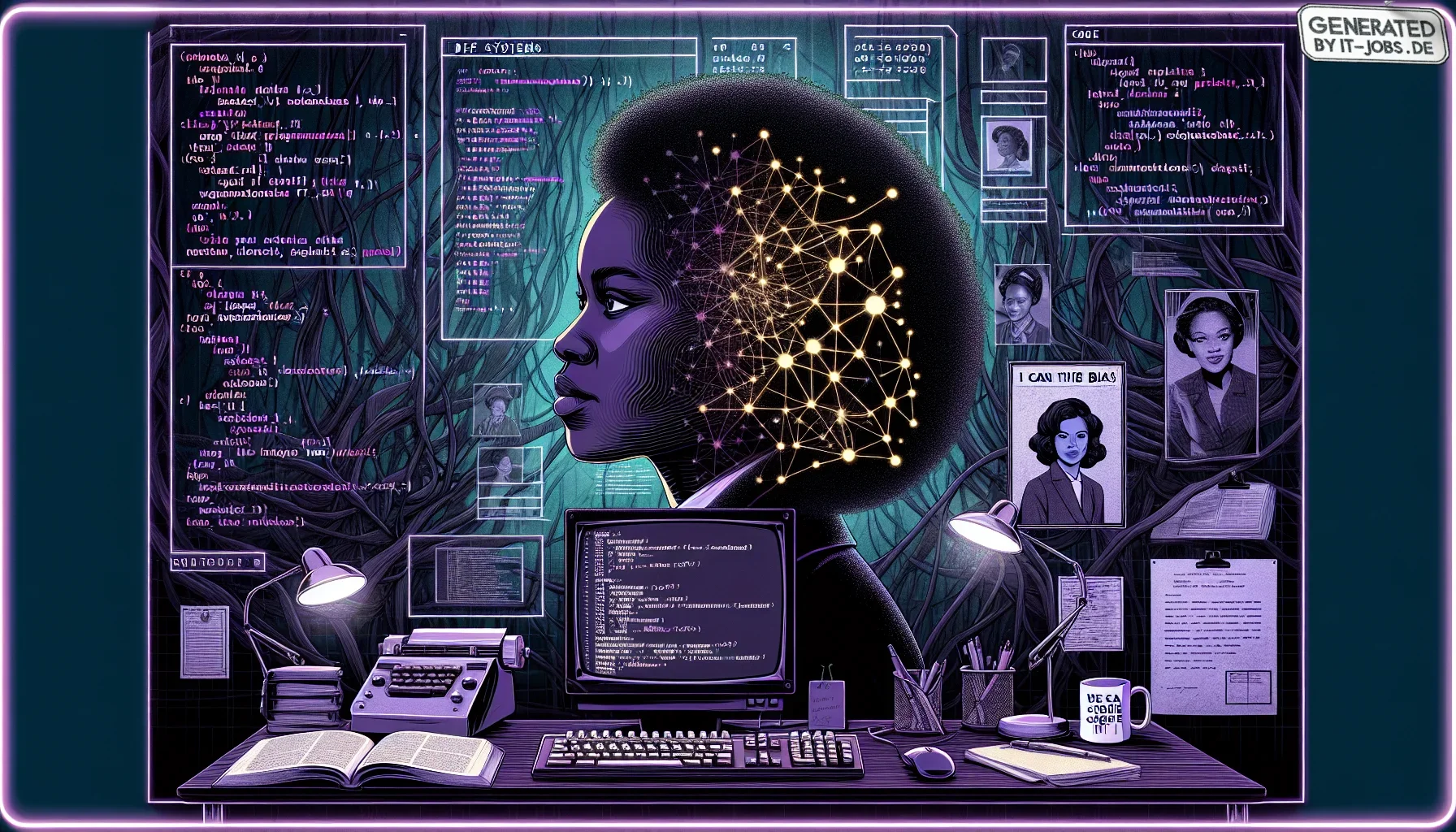 The visualization is a striking digital art piece that powerfully captures the essence of Annie Easley's journey and the broader narrative of women of color in STEM. Dominated by dark purple hues, the image evokes a sense of depth and complexity, reflecti
