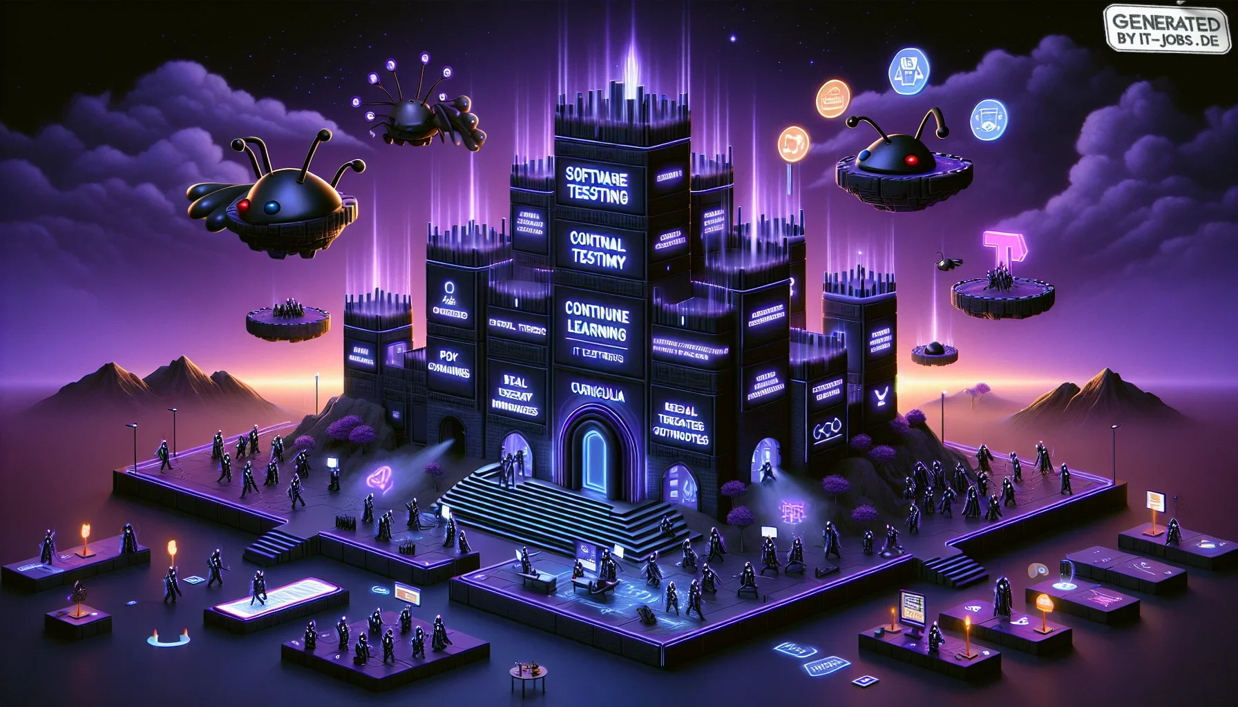 Visualize a striking digital canvas that encapsulates the essence of a futuristic and moody academy for software testers, bathed in shades of dark purple. The scene is set in a visually dynamic and edgy environment reminiscent of a cyberpunk universe, whe