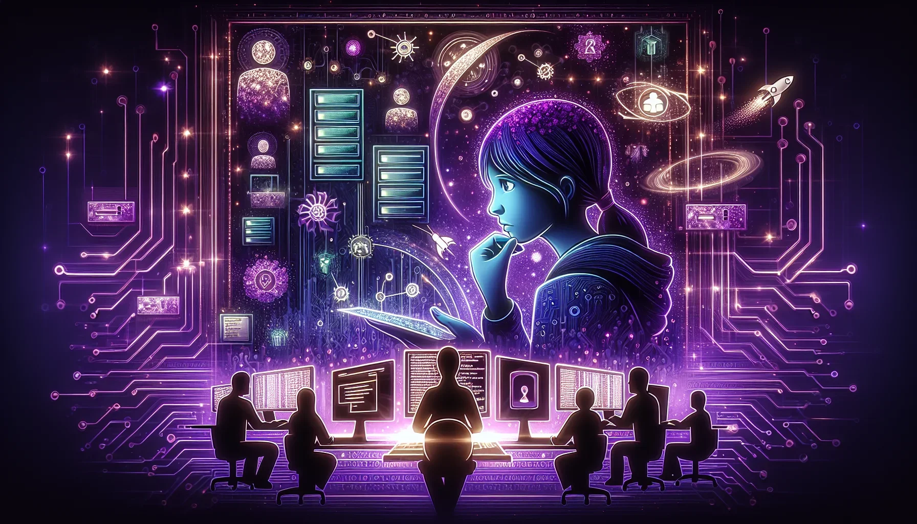 Visualize a dynamic and captivating digital artwork that embodies the essence of stepping into the world of IT through internships. The backdrop is a rich, dark purple, setting a tone that's both mysterious and full of potential, akin to the unknown journ