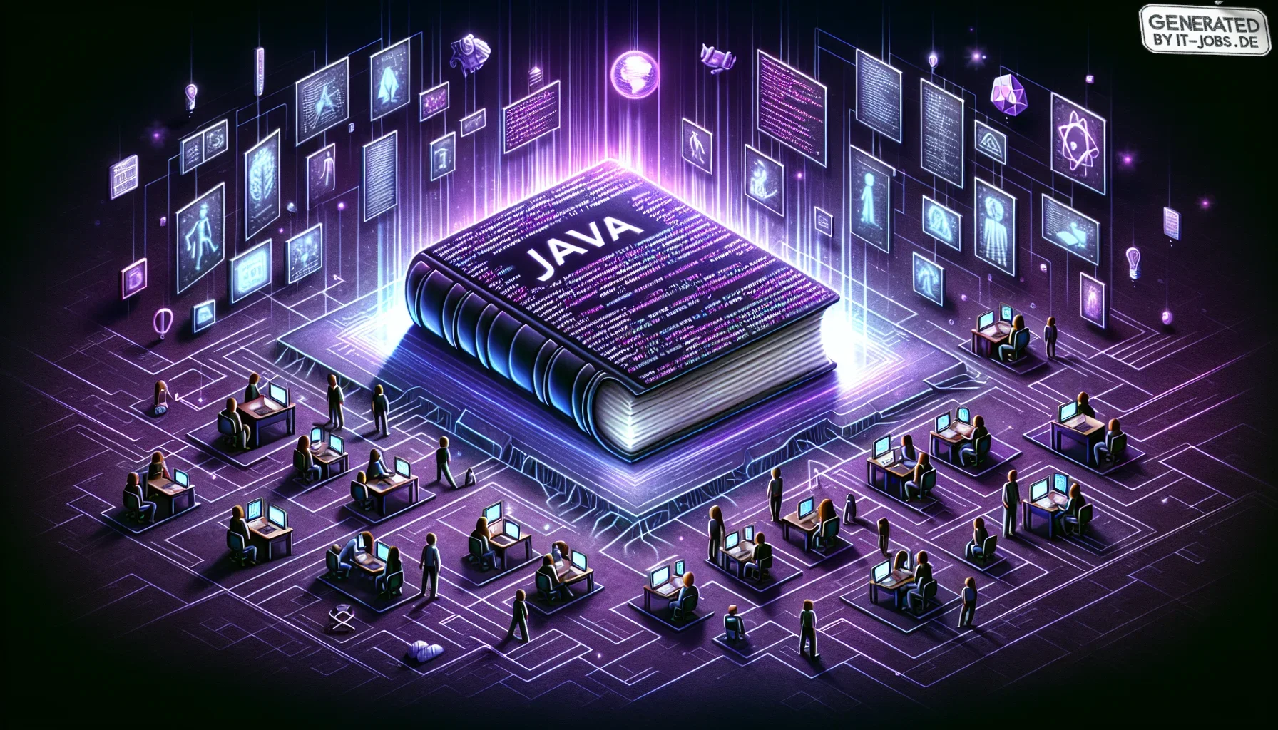 In the visual, a large, sprawling dark purple canvas serves as the backdrop, symbolizing the deep and profound influence of Java in the educational sector. The edges of the image are tinged with a neon glow, adding an edgy, modern feel that speaks to the 