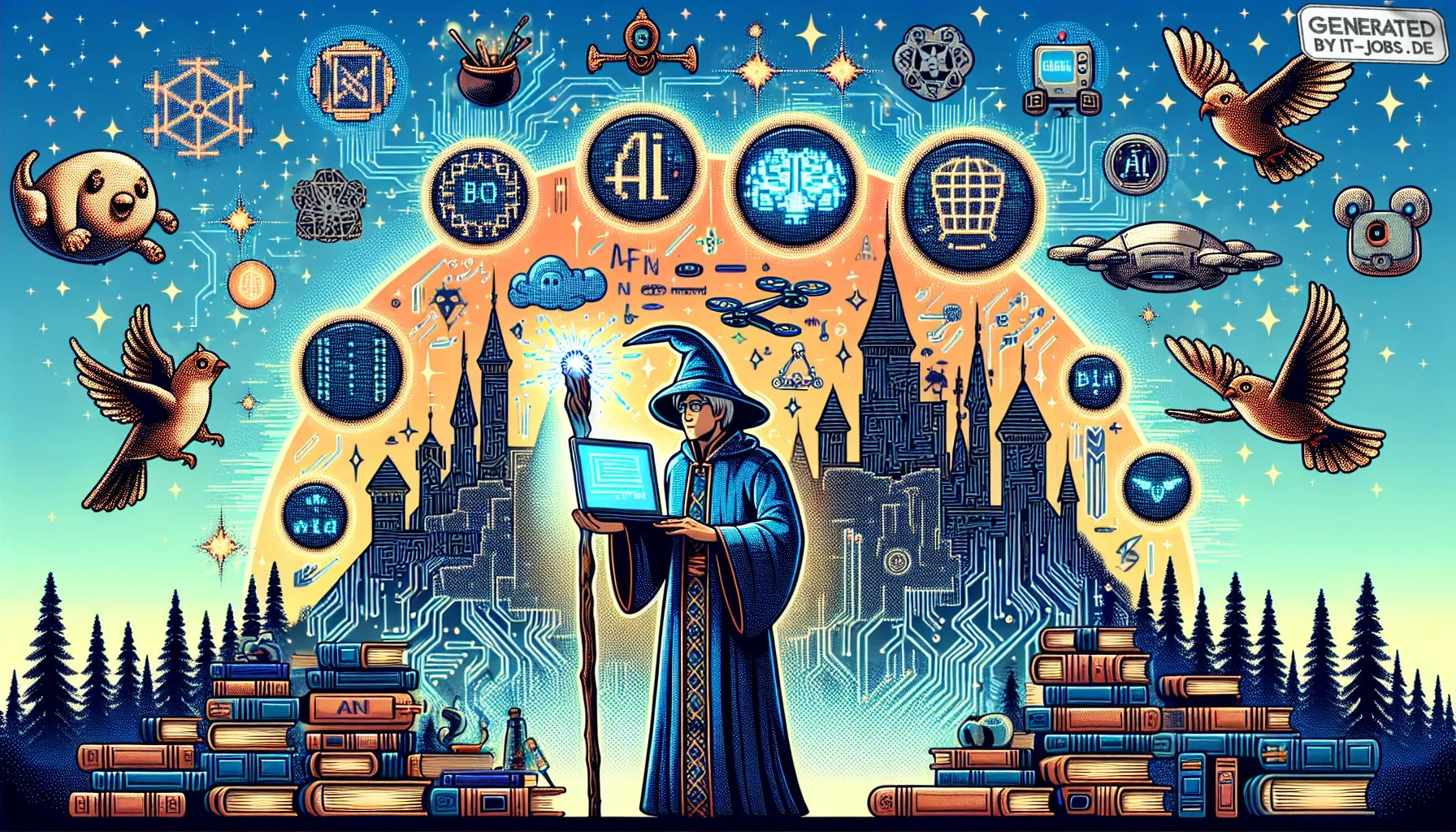 In this edgy visualization, the canvas is dominated by a deep, brooding dark purple, interspersed with vibrant bursts of neon colors, reflecting the contrasting worlds of magic and technology. The scene unfolds like a comic book splash page, teeming with 