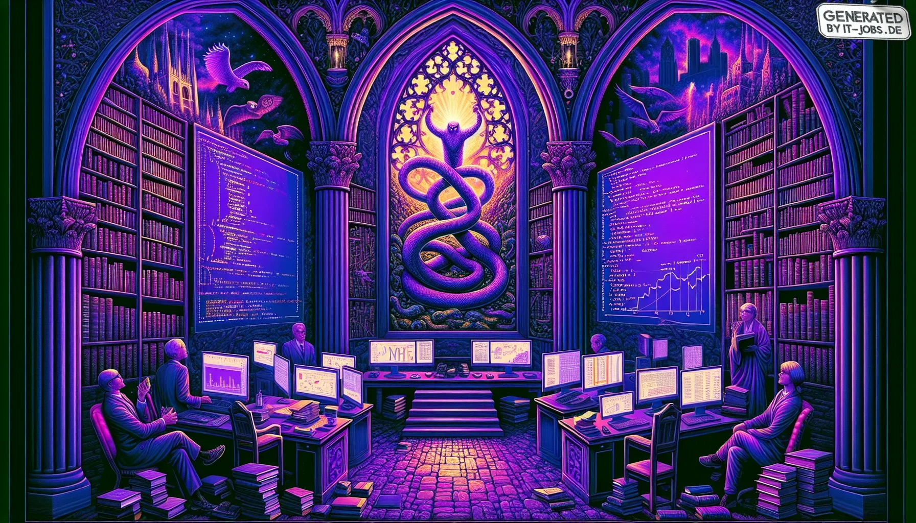 Visualize an artwork that pulses with the dark vibrancy of a deep purple hue, setting a mysterious and intellectual ambiance. The canvas is split into two dynamic halves, each representing the worlds of R and Python in this comparative analysis of program