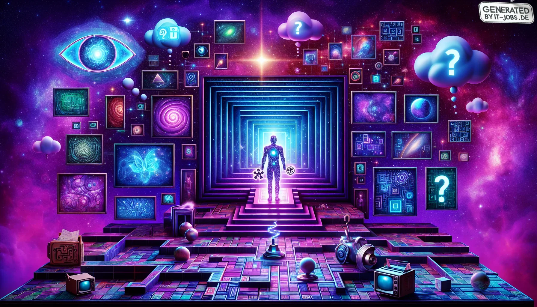 Picture an edgy digital landscape set within a dark purple cosmos, where the boundaries between technology and whimsy blur in a mosaic of hues. In the foreground, a stylized maze stretches across the scene, its pathways illuminated by electric blues and n