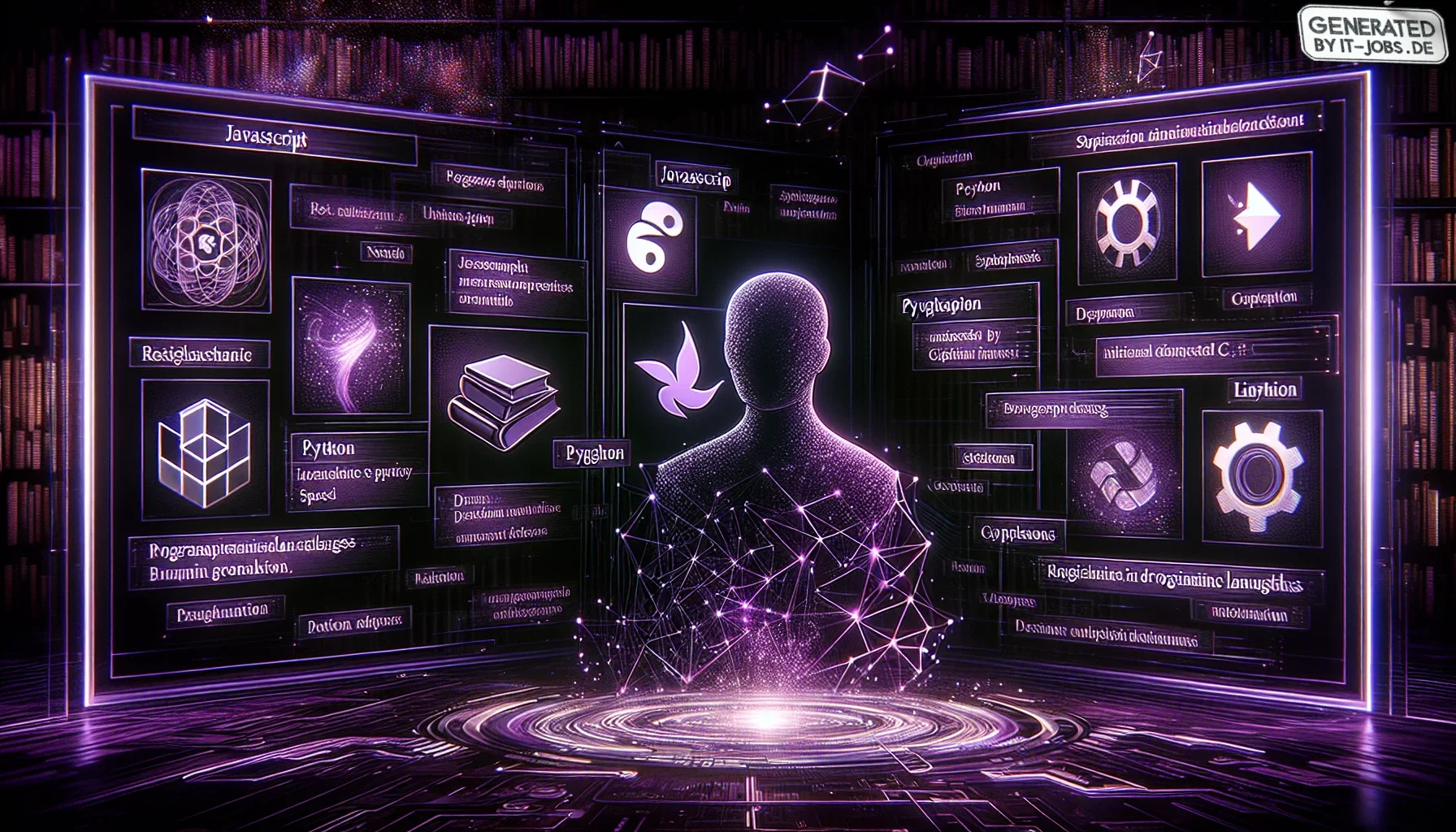 In the visualization, imagine diving into a futuristic, digital world crafted in shades of dark purple that give off an edgy and mysterious vibe. The backdrop is an expansive, interactive digital menu reminiscent of the "War and Peace" novel but transform