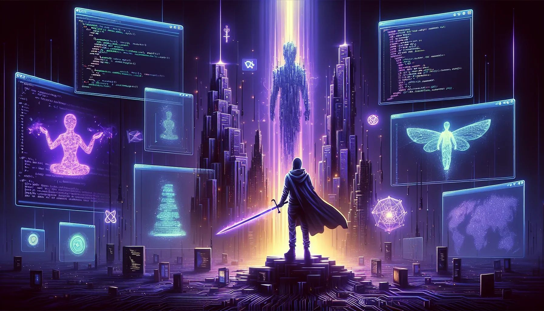 Visualize a dynamic and atmospheric digital artwork that encapsulates the life of a data engineer, infused with a vibrant yet dark purple color scheme that sets a mysterious and cutting-edge tone. The scene is alive with subtle references to pop culture a