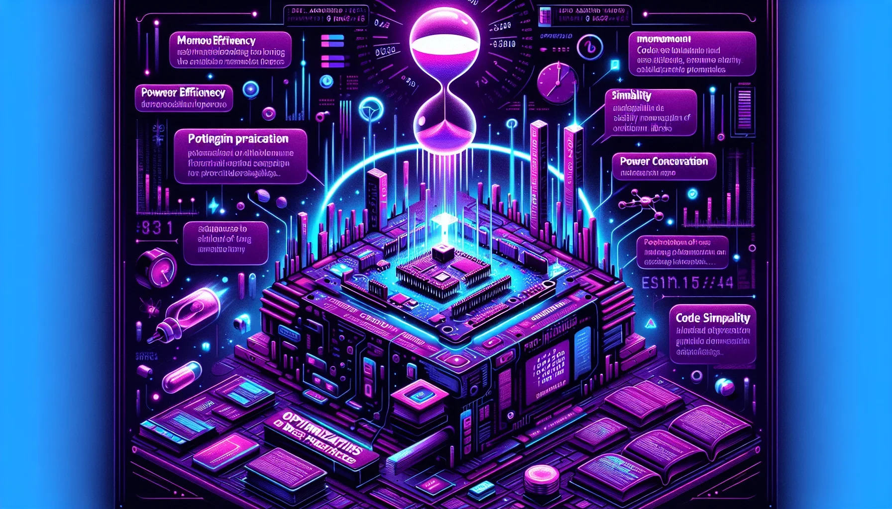Imagine an artful and vivid poster-style visualization that masterfully combines the edgy aesthetics of cyberpunk with a dark purple color palette, creating a visually compelling representation of "Optimization and Best Practices" for Arduino projects.

I