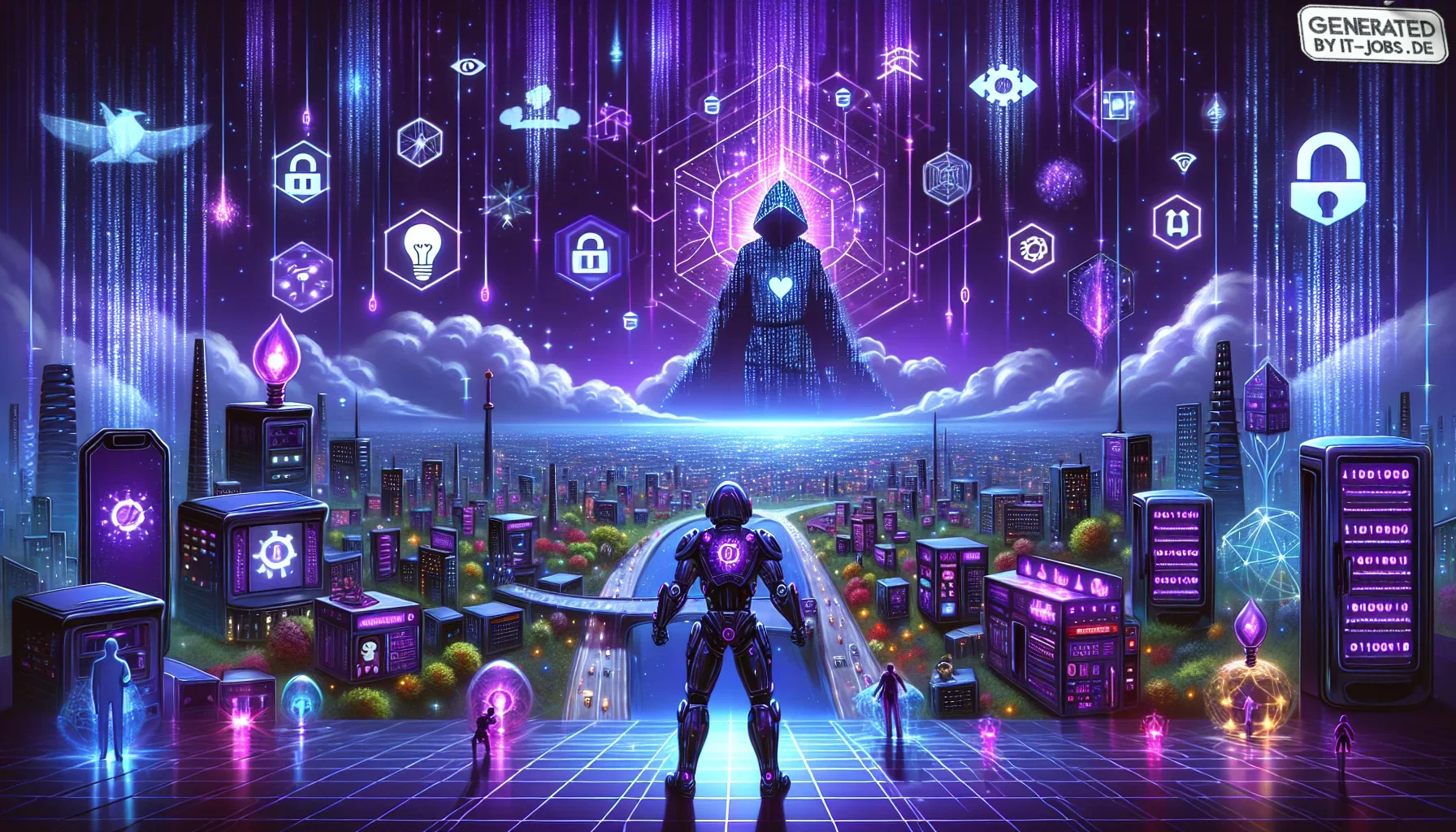 A dynamic and edgy illustration set under the main theme of dark purple dominates the scene, pulsating with the vibrancy of a techno-world. The sky is a rich, velvety purple, speckled with glimmering stars that double as binary codes – an immediate nod to