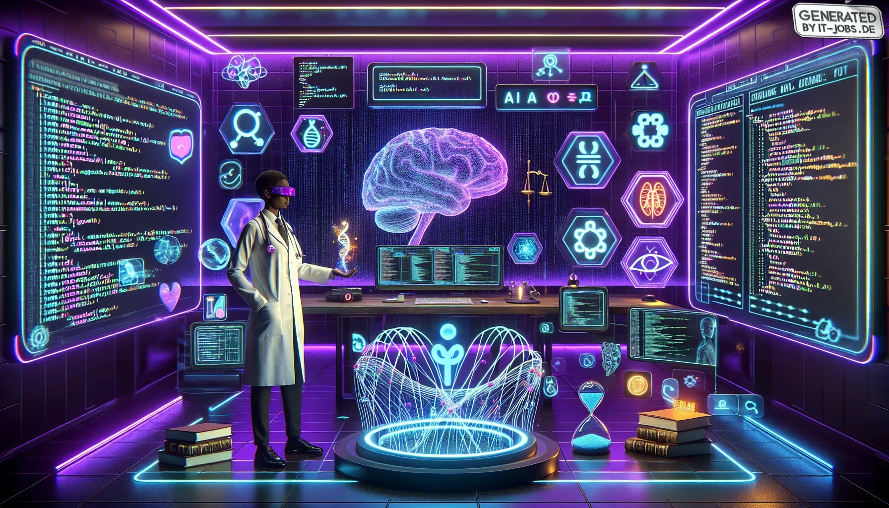 Visualize entering a virtual environment dominated by a dark purple hue, setting the backdrop of a futuristic digital dojo. The center stage is illuminated by neon lights, casting a glow on an expansive, high-tech console filled with holographic displays 