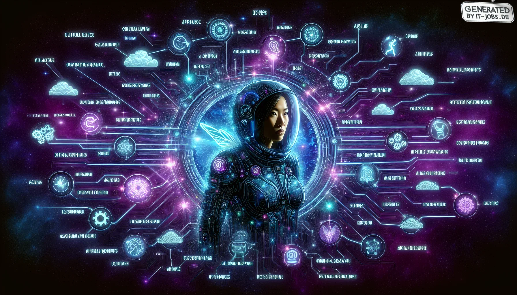 The visualization for this concluding section of a DevOps blog post is set against a brooding dark purple backdrop, evoking a sense of deep space—a metaphorical universe where the DevOps journey unfolds. This color choice not only underscores the theme of