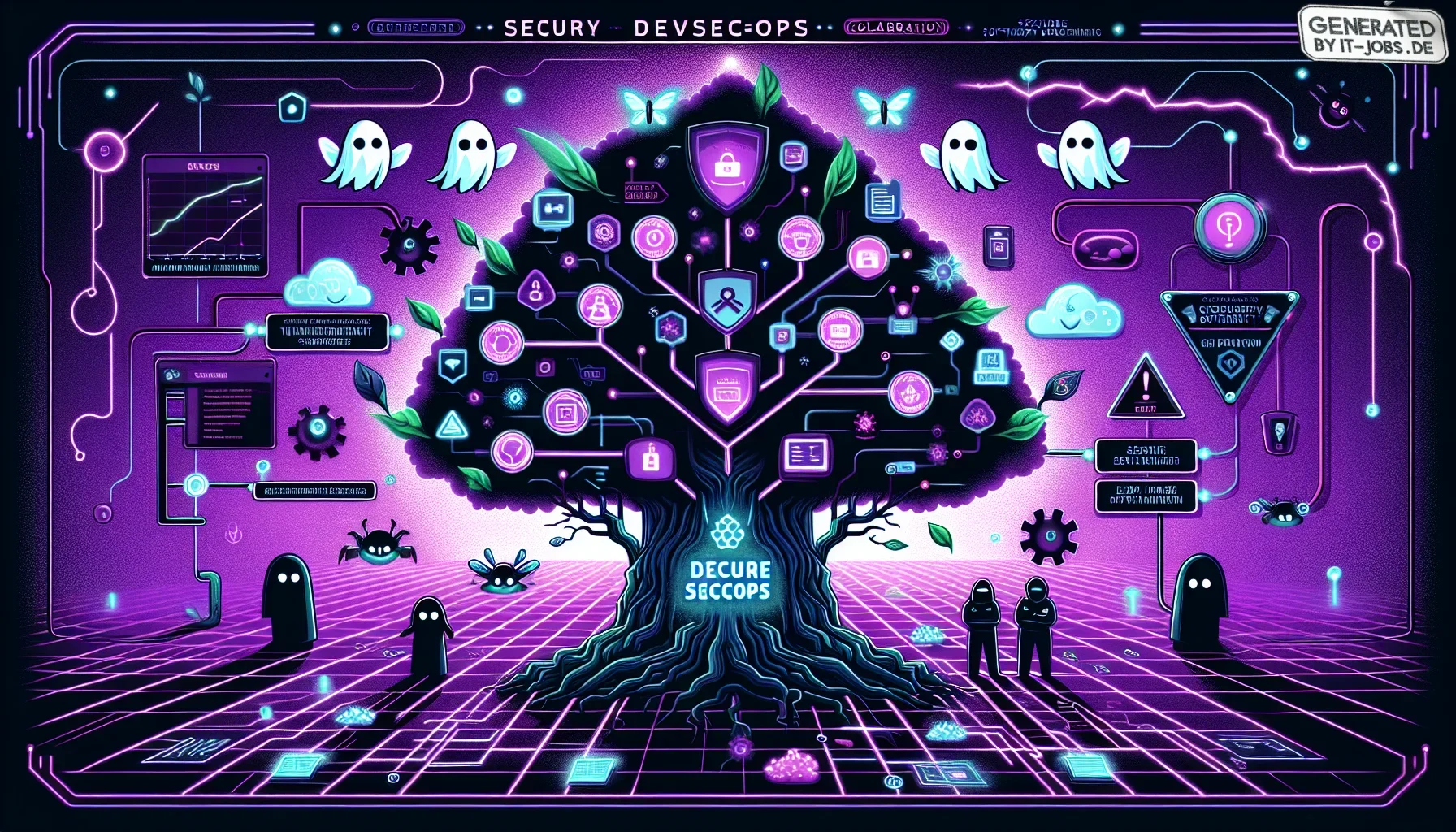 Imagine a poster-like image that masterfully captures the essence of DevSecOps, depicted in a vivid dark purple theme. This visualization isn't just informative; it's a mesmerizing blend of cyberpunk aesthetics and pop culture references, designed to draw