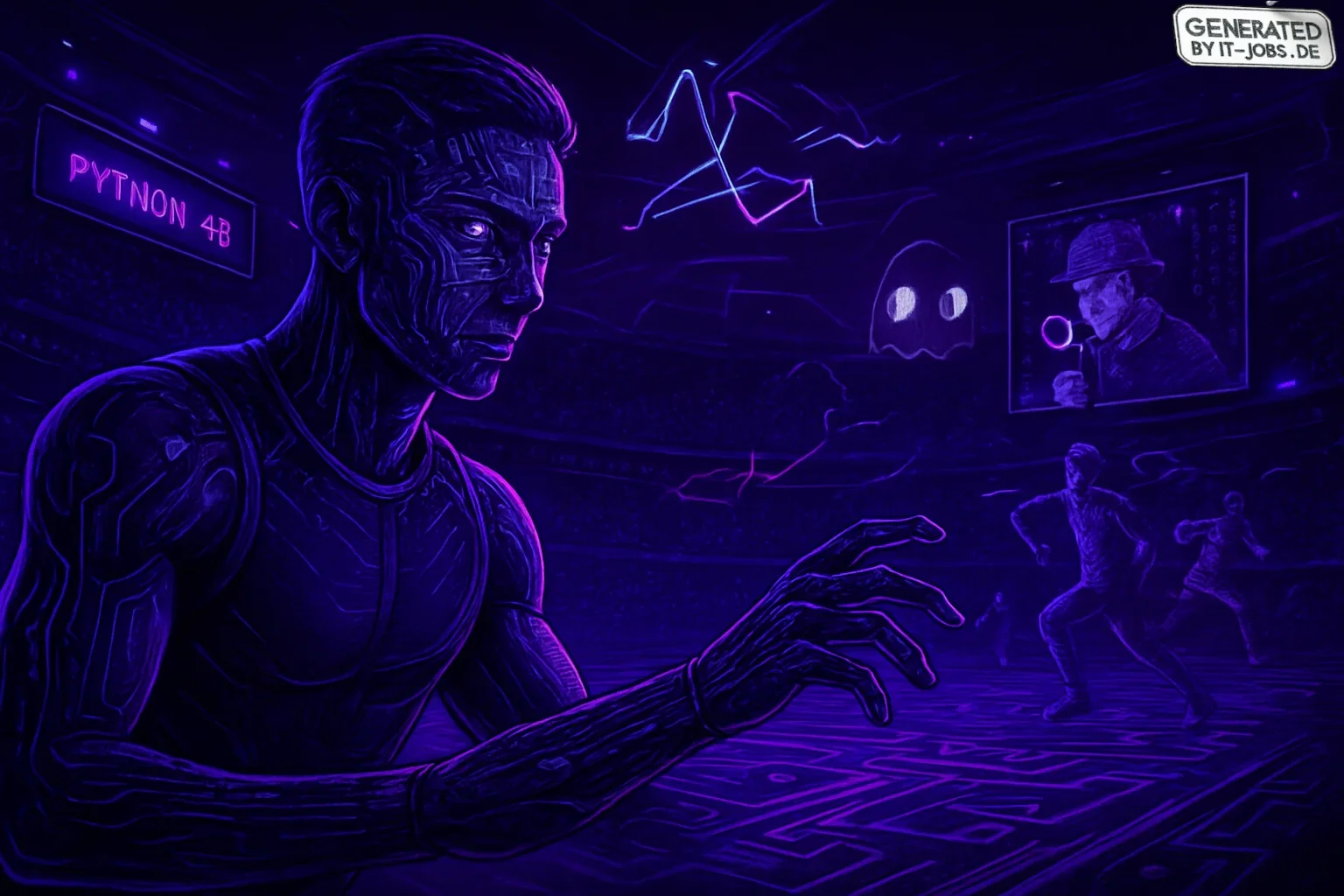 In a dark purple cybernetic sports arena, an AI specialist—part human, part machine—stands out with digital readouts in their eyes. Surrounding them, a glowing stadium filled with pixelated fans features a circuit board playing field. Humorous touches inc