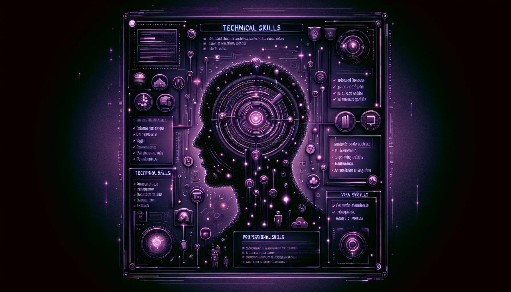 Visualizing the paragraph on highlighting your technical prowess in your resume, the image is infused with a dark purple theme, exuding a mysterious yet sophisticated vibe that speaks to the cutting edge of technology and innovation. The background is a d