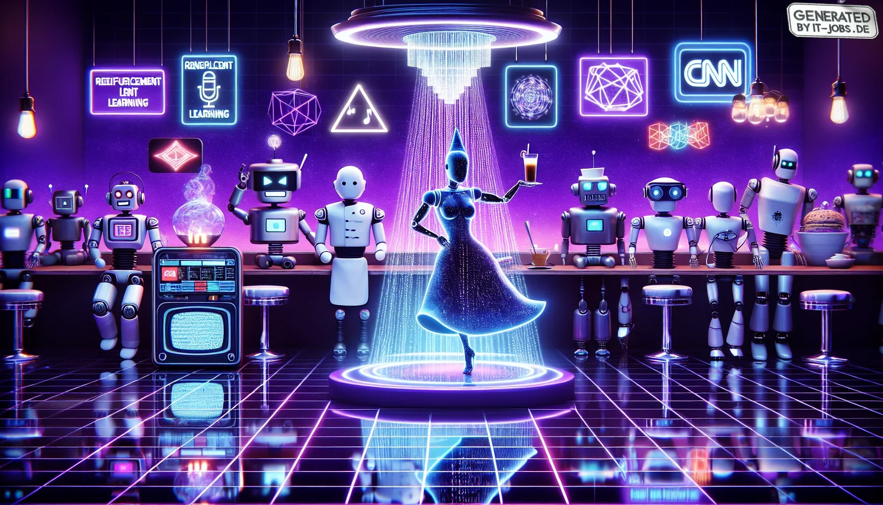 In the core of this vibrant visualization, you see an electrifying dance floor, illuminated beneath a pulsating dark purple backdrop. A robotic figure, once mere steel and wires, now glides gracefully like a digital ballet performer across the floor. Thei