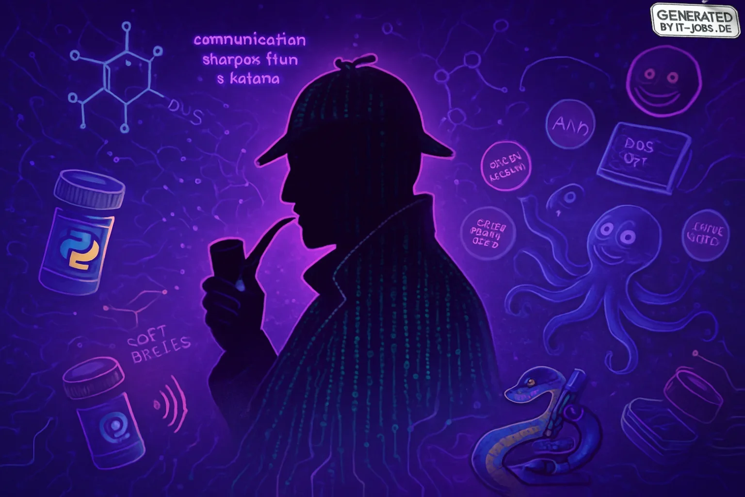 A detective silhouette, reminiscent of Sherlock, dons a flowing binary code cloak in a dark purple, cyberpunk backdrop. Surrounding him is a vibrant digital landscape with neural networks, glowing circuits, and playful tech references like Python logos, c