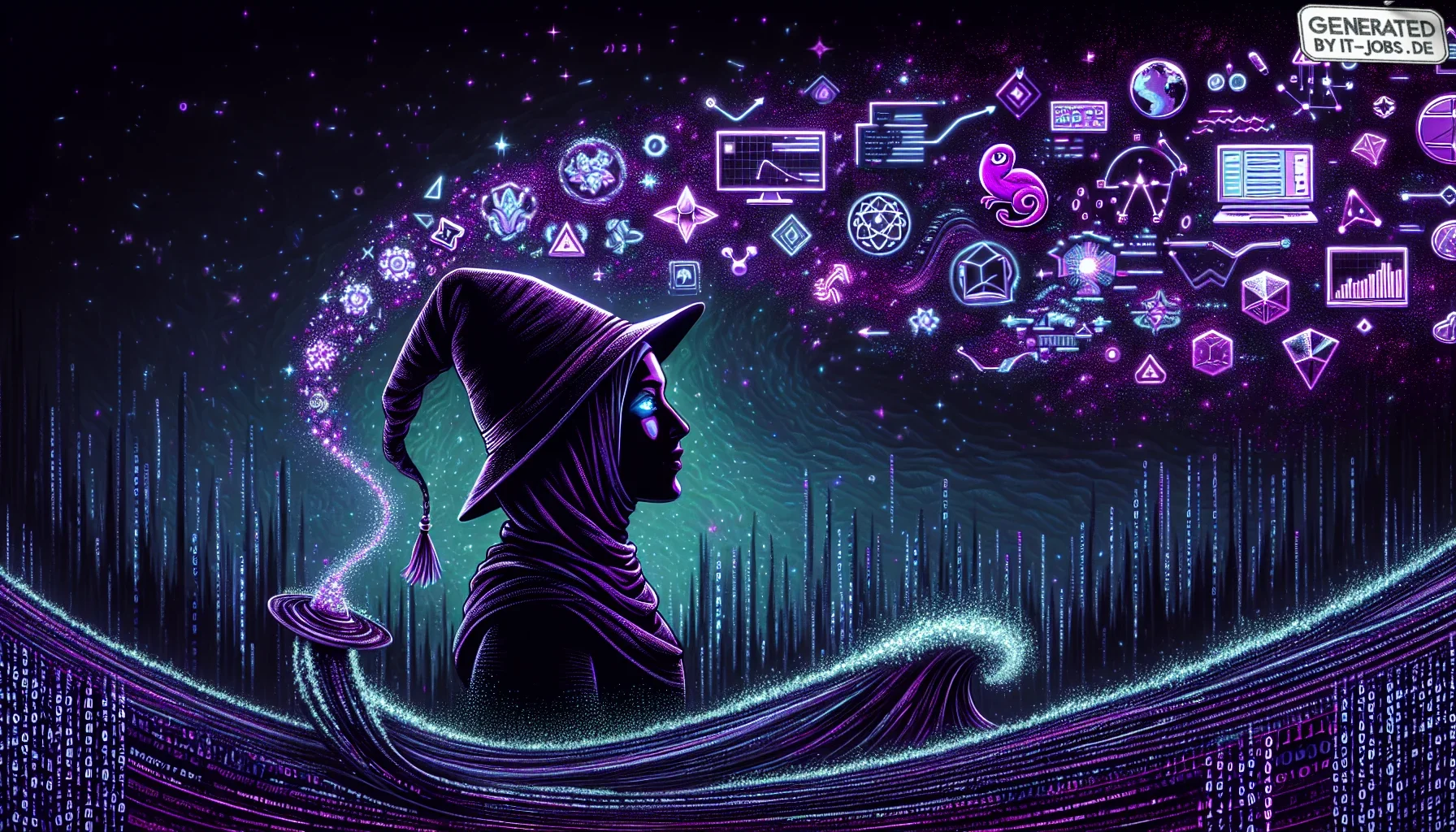 Picture a dark purple-drenched digital landscape that looks straight out of a cyberpunk movie, neon hues flickering like electric dreams against the ominous backdrop. In the center of this scene stands an IT Product Manager, depicted as a modern-day wizar