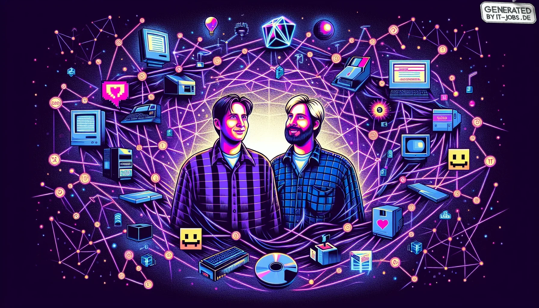 Visualize a bold, dynamic poster that captures the essence of the digital revolution of the mid-90s, centered around the birth of Yahoo!. The backdrop is a rich, dark purple, symbolizing the depth and mystery of the early internet era. This dark canvas is