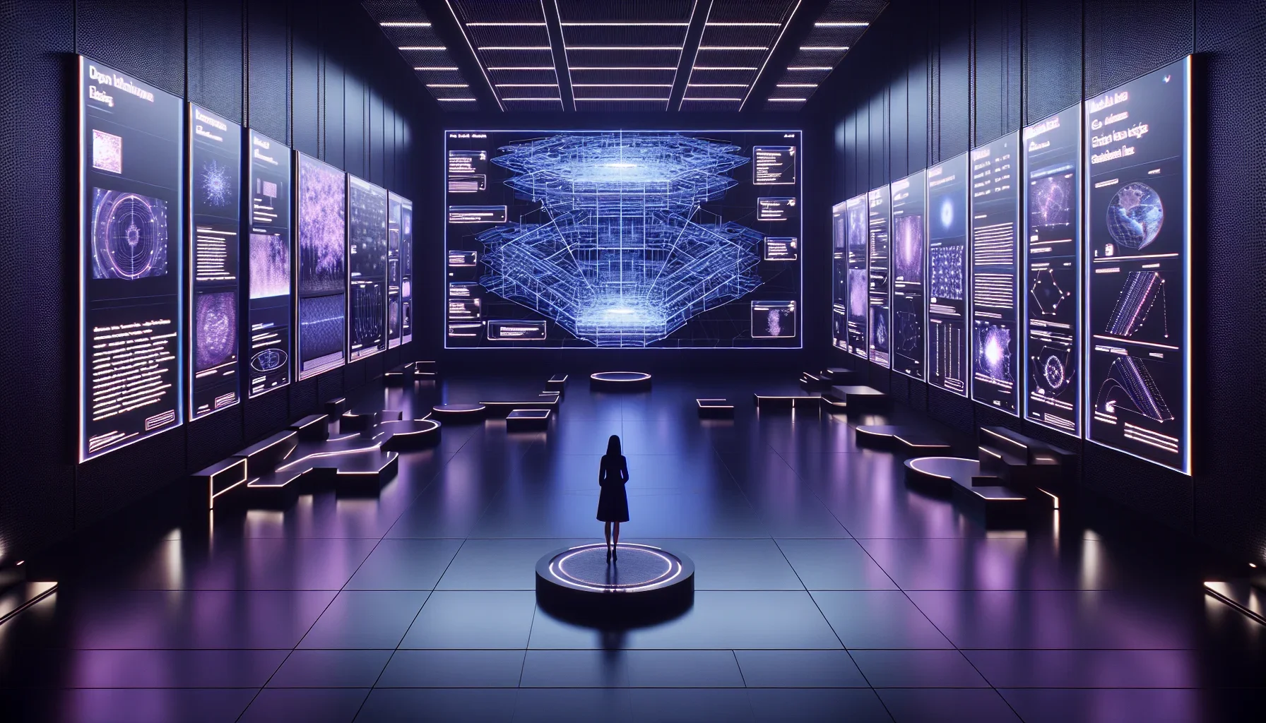 Imagine stepping into a large, immersive digital art gallery. The walls pulse with a deep, dark purple hue, creating an atmosphere that feels both mysterious and cutting edge. As you move through the space, the air is filled with the subtle hum of electro