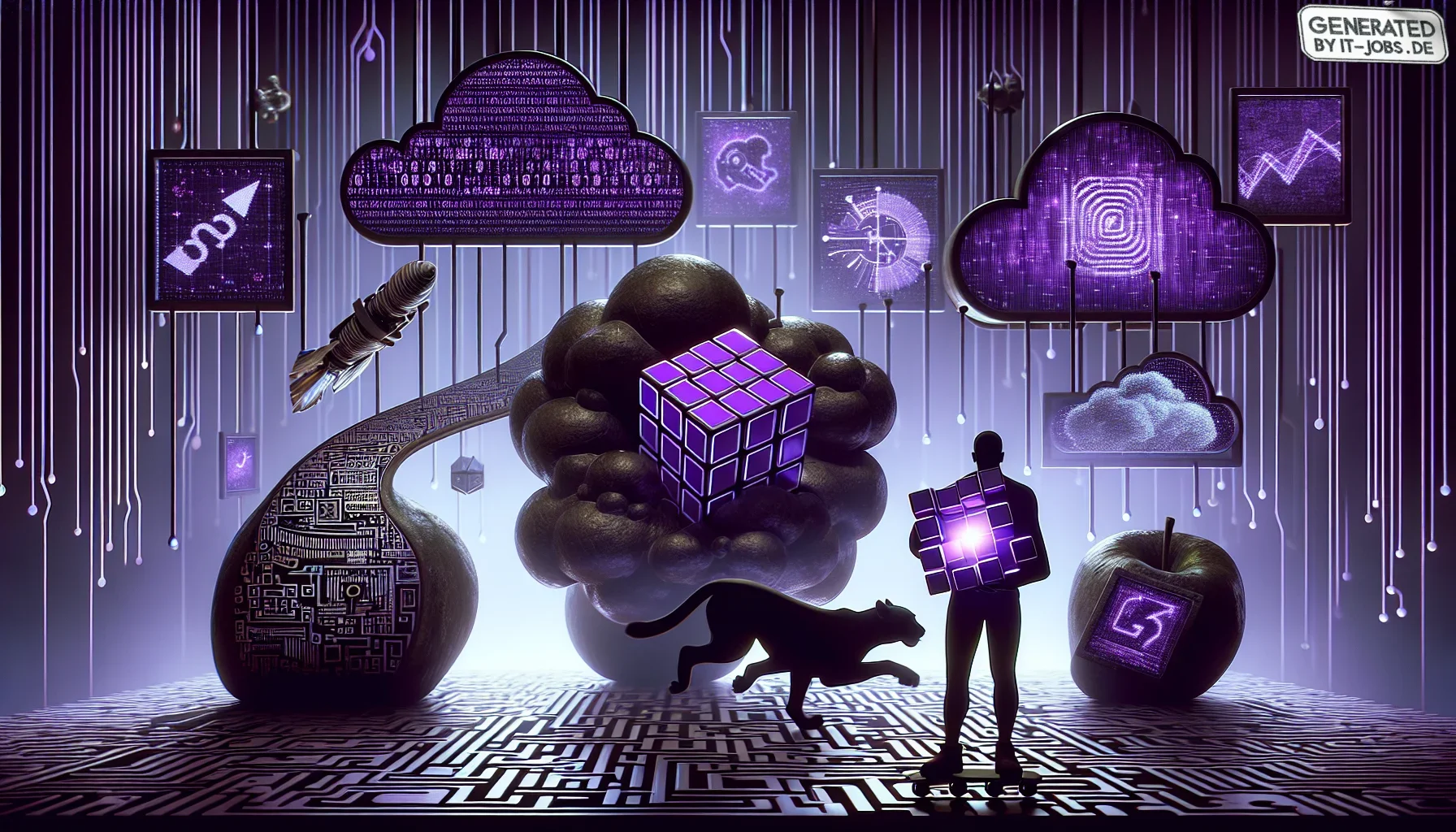 In the visual depiction of the paragraph "Challenges in AI Strategy Consulting," the scene is cast in a dark, moody purple hue, evoking a sense of deep mystery and the unknown. The background is an intricate labyrinth, symbolizing the complex and challeng