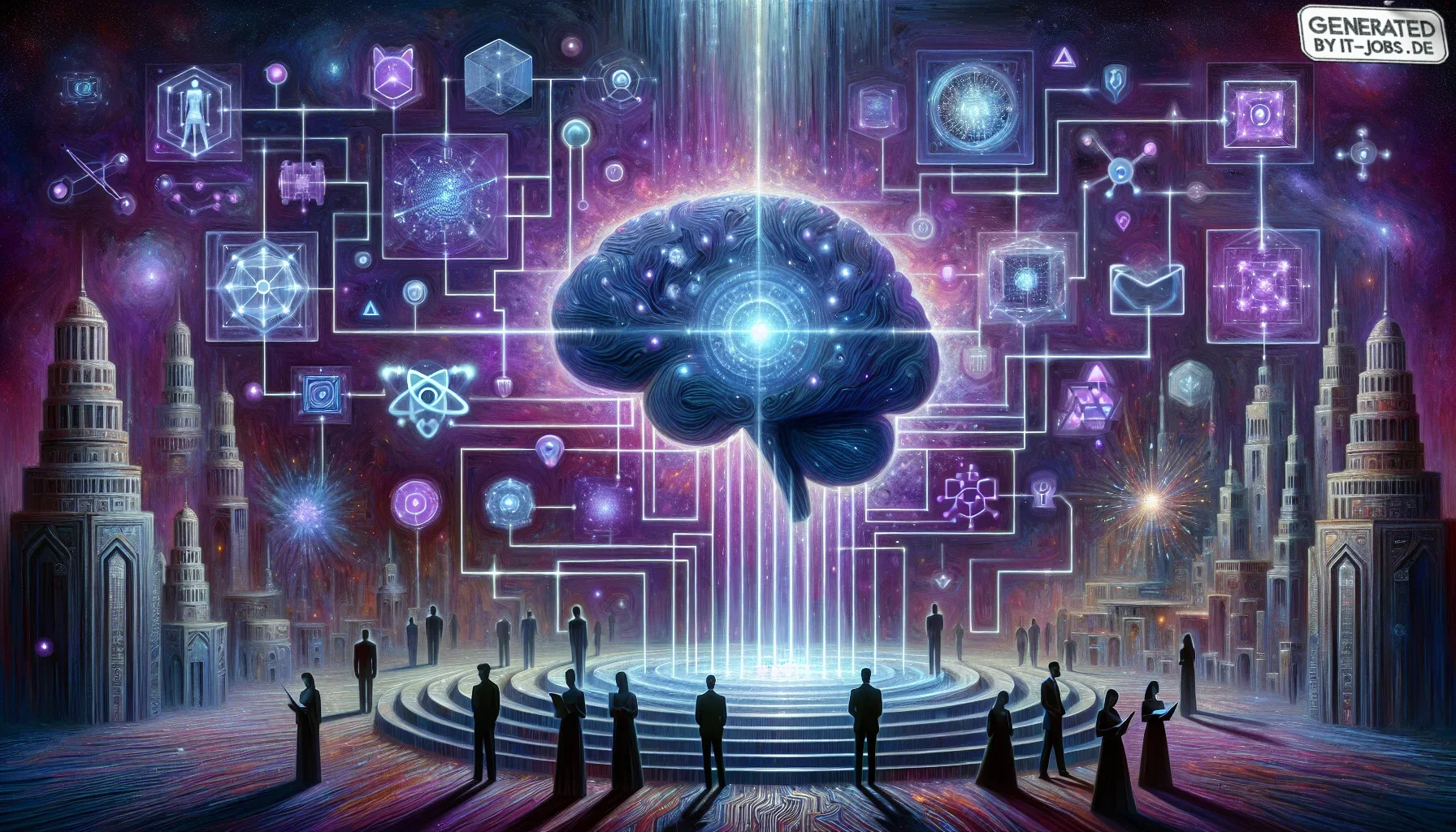 Envision an artwork that captures the essence of a dramatic shift in the world of software architecture, infused with the profound impact of artificial intelligence. The overall tone is dark, with a deep purple hue dominating the canvas, symbolizing the m