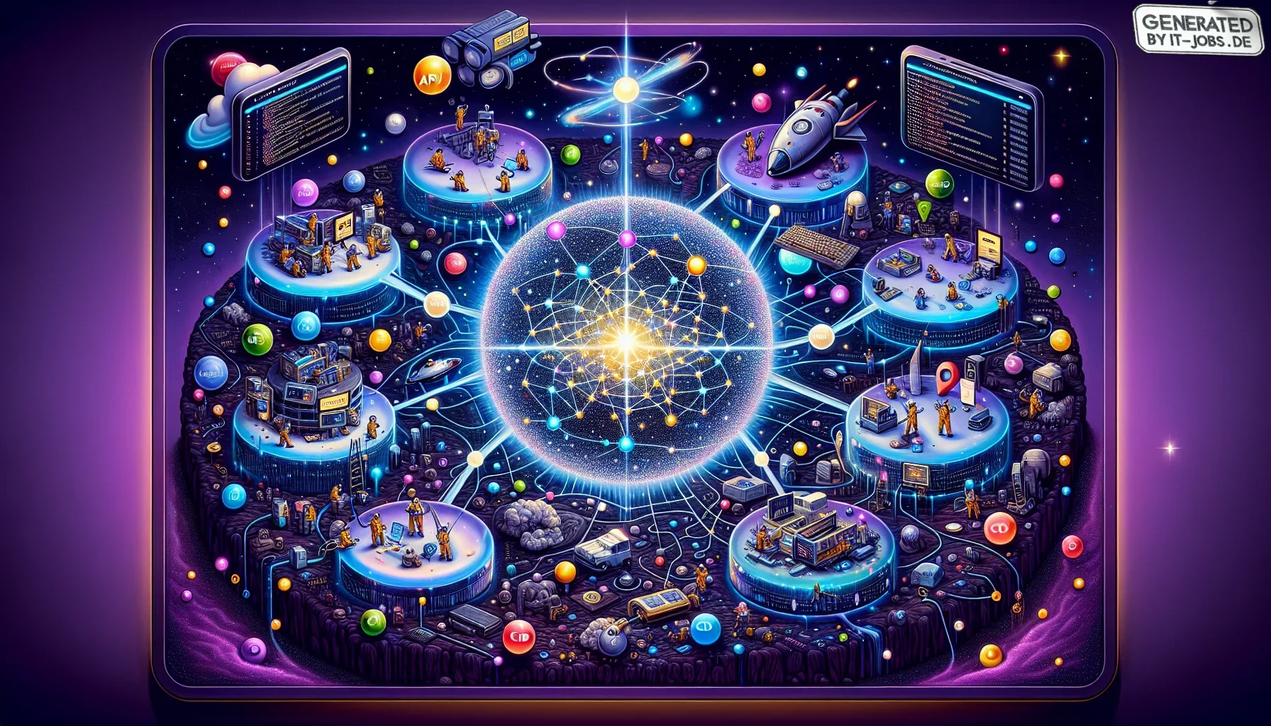 In the visualization, the backdrop is a deep, dark purple, symbolizing the vast, intricate universe of microservices. This edgy, tech-themed canvas pulsates with digital energy, dotted with subtle, playful pop-culture references and IT-related Easter eggs