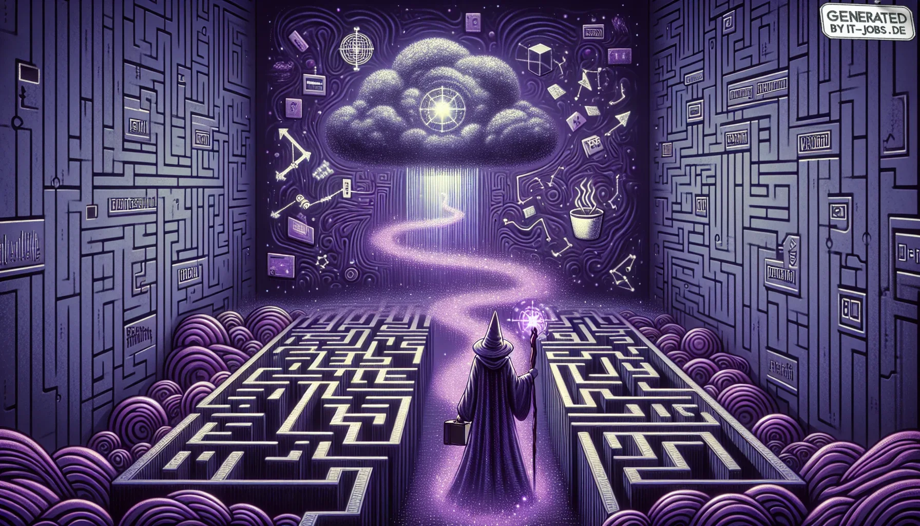 Imagine a dark, expansive canvas painted in deep shades of purple, with lighter lavender highlights creating a sense of depth and mystery. This edgy, almost otherworldly scene serves as the backdrop for a fantastical visualization of the "Challenges in Da