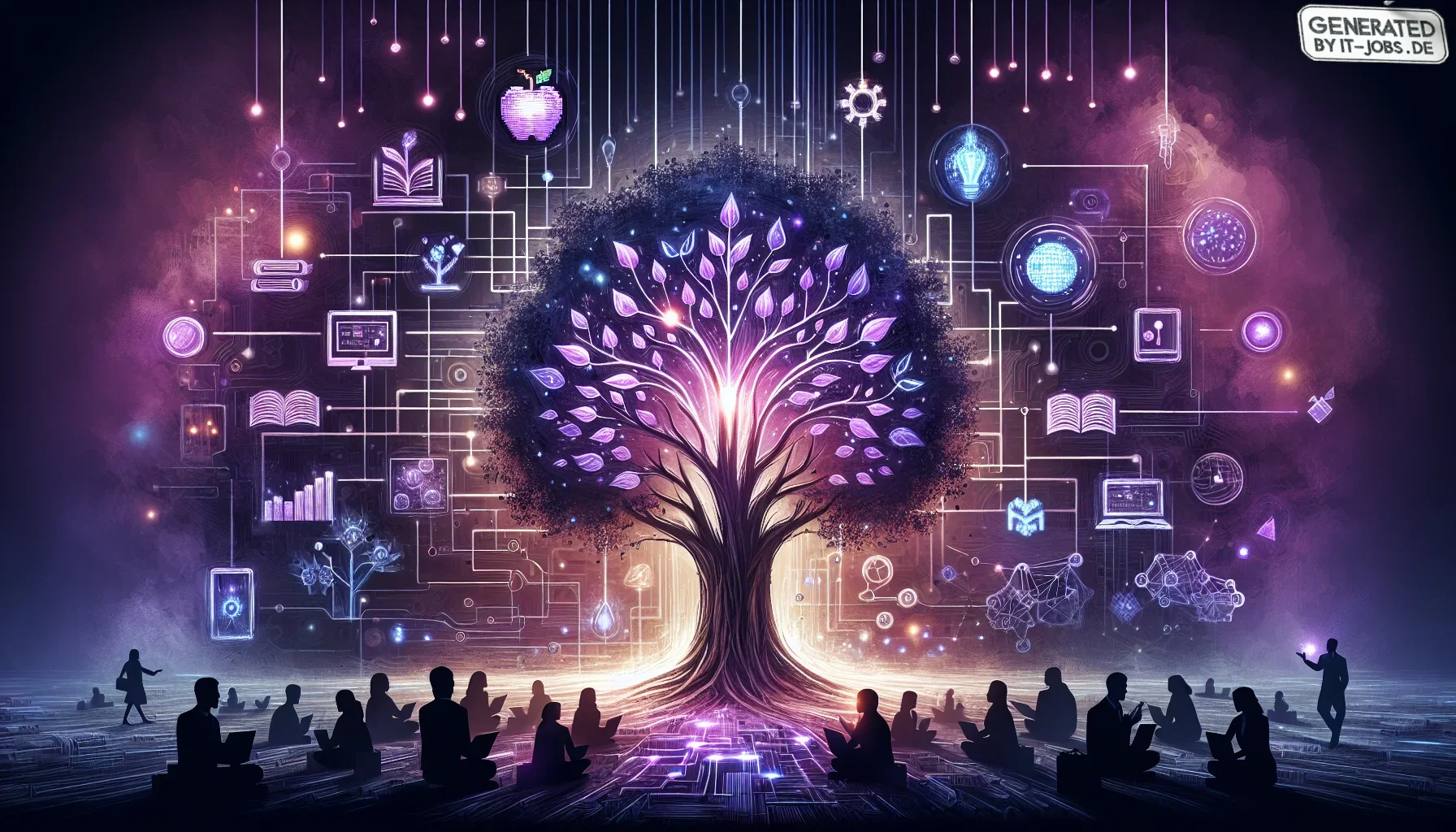 I imagine a captivating digital artwork that visually interprets the dense academic discourse on digital transformation. The canvas is dominated by a dark purple hue, creating a mysterious and profound backdrop that symbolizes deep academic insight and th