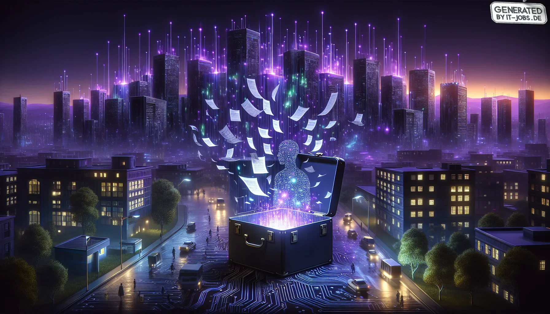 Visualize an edgy, digital canvas dominated by dark purple hues, setting a mysterious and contemplative mood. The main visual is a sprawling, futuristic cityscape at twilight, where skyscrapers subtly resemble electronic circuit boards, symbolizing the in