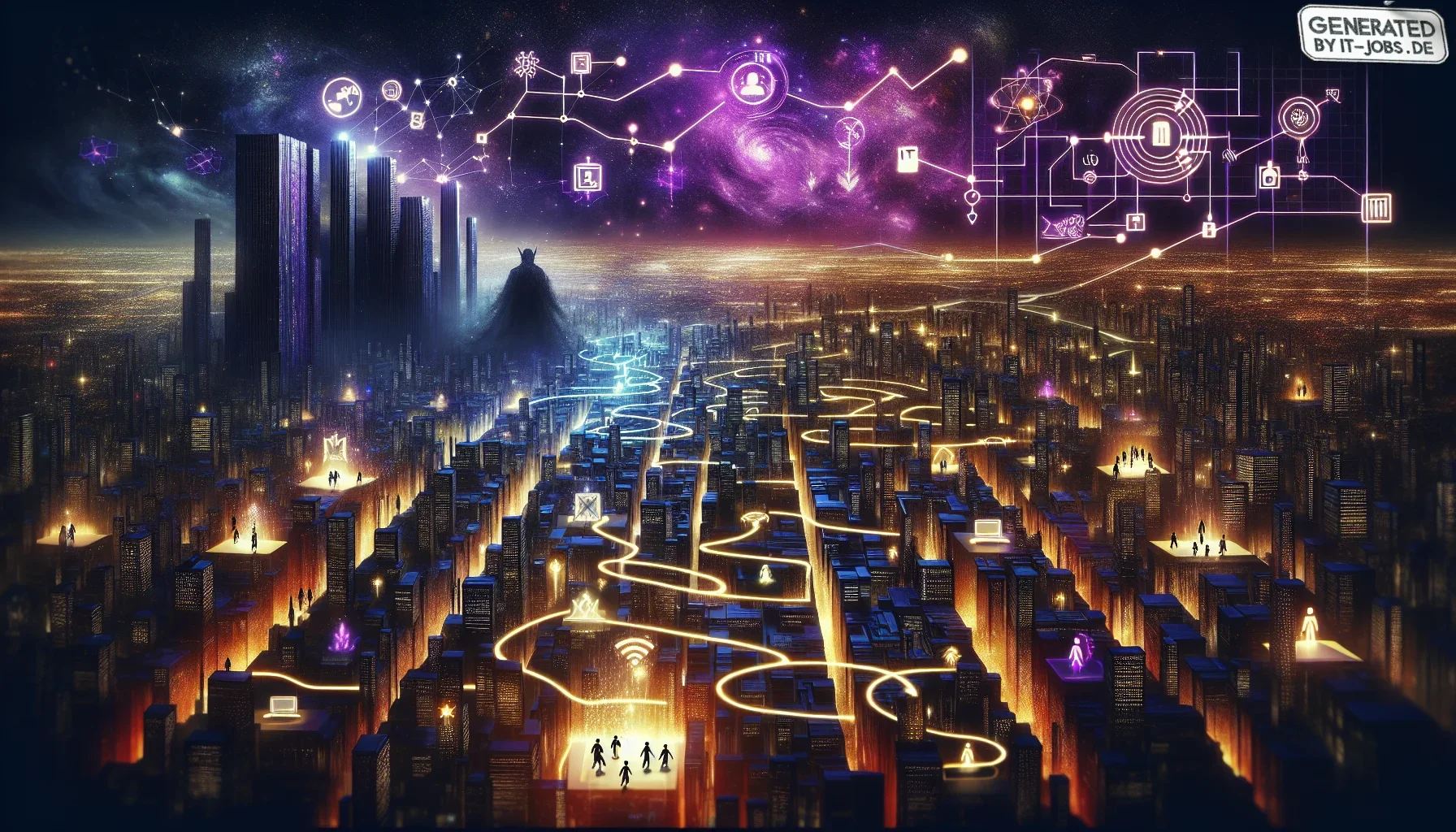 Imagine entering a visually striking, dark purple-themed digital realm that encapsulates the tumultuous journey of aligning IT strategies with business goals. The scene is an intricate, sprawling cityscape at night, representing the complex and ever-evolv