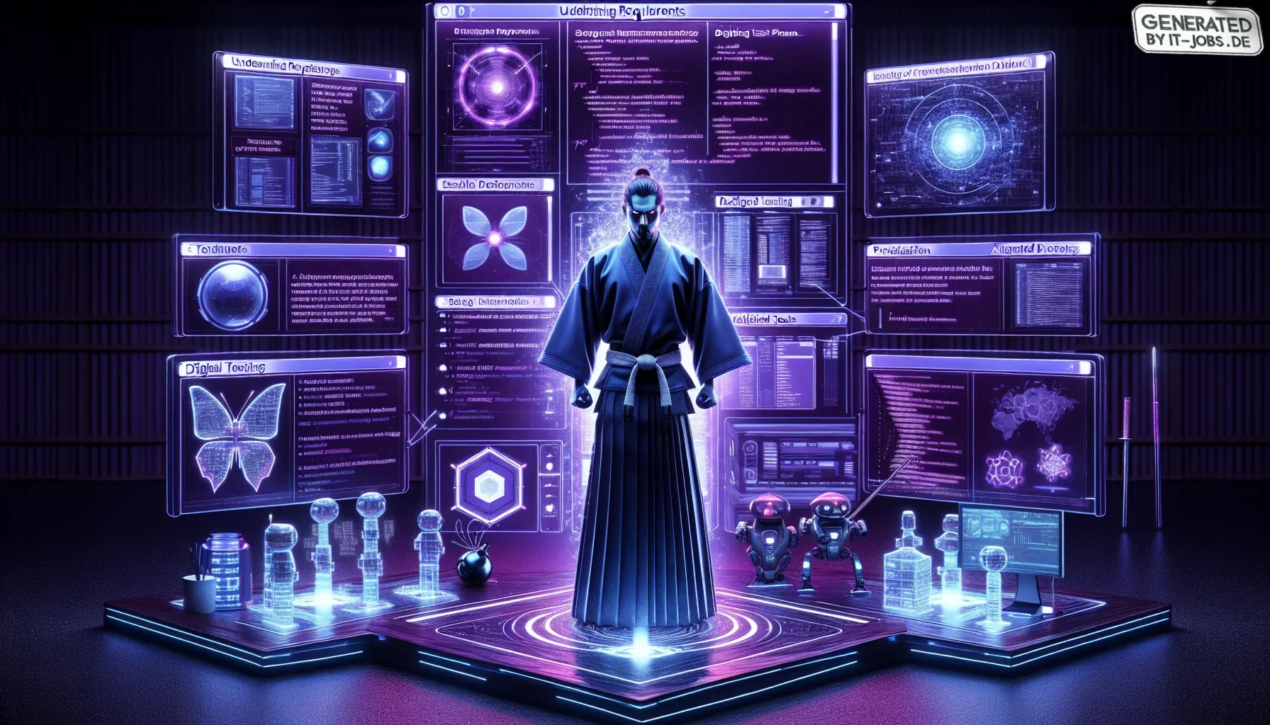 Visualize a dynamic and visually striking digital artwork that embodies the essence of a high-tech dojo. The atmosphere is infused with a deep purple hue, establishing an edgy, almost mystical vibe, resonant of a world where digital warriors train. The ba