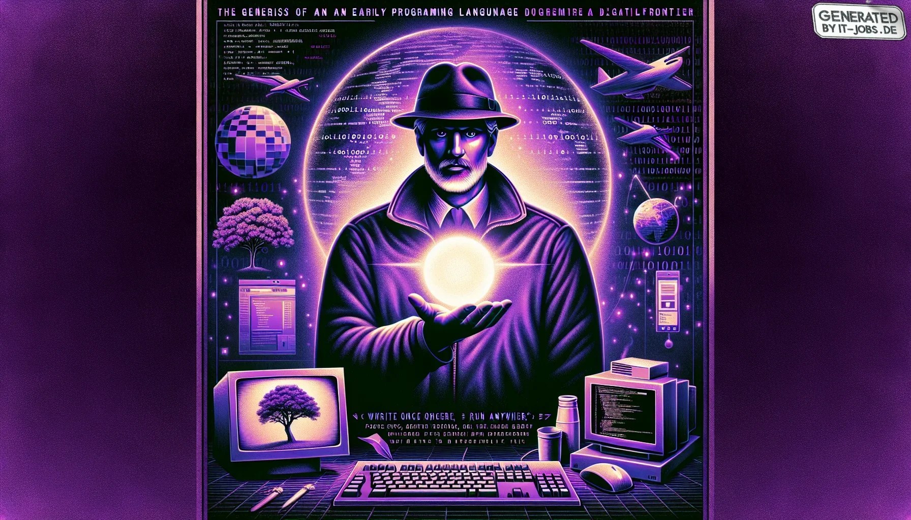 Imagine a dynamic and visually captivating poster that embodies the edgy and mysterious aura of the early '90s digital frontier, setting the stage for the birth of Java. The backdrop is awash in deep, dark purple hues, interspersed with subtle binary code