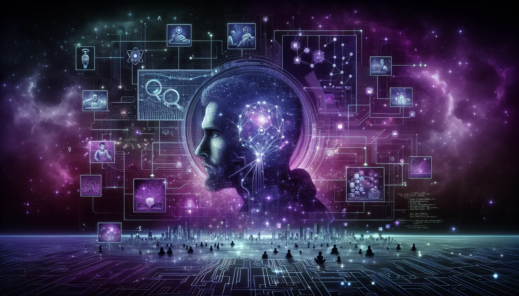 The visualization opens on a sprawling digital canvas, drenched in shades of dark purple, setting a mysterious and profound ambiance. At the center, a striking, stylized portrait of Robert E. Kahn, depicted with a thoughtful expression, looms over a futur