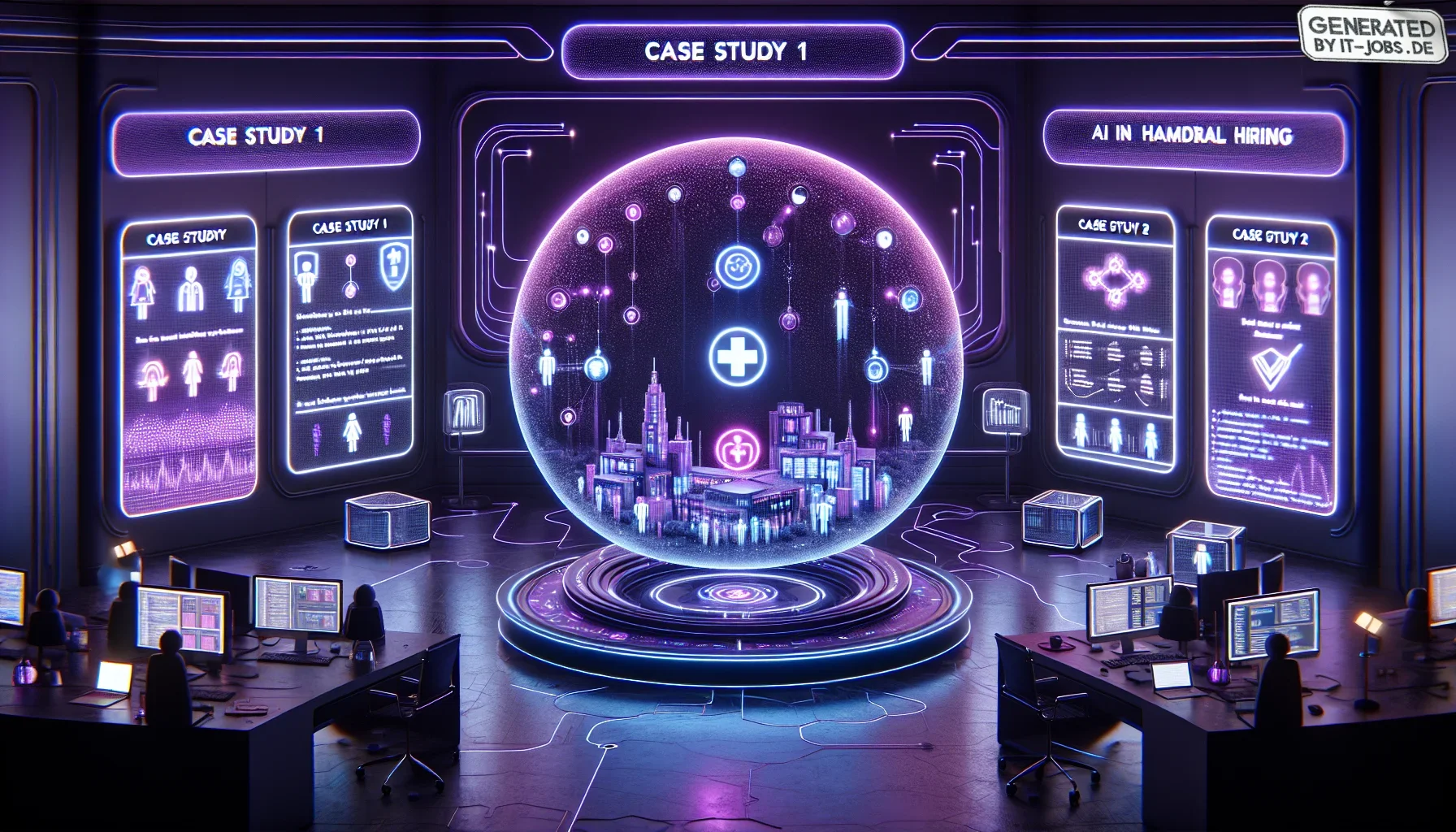 In this visualization, the scene is set in a futuristic, slightly dystopian control room, bathed in dark purple hues, creating a moody and intense atmosphere. The main focus is a large, circular holographic display in the center, which is projecting the t