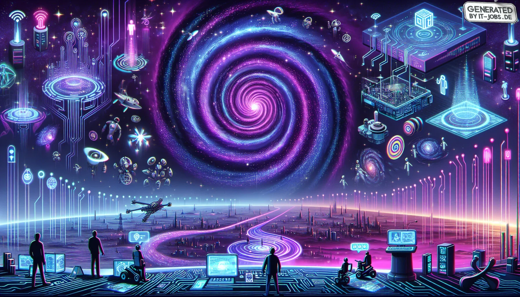 **Visualization Concept: Warp-Speed Digital Odyssey**

The image unfolds as an edgy, dark purple dreamscape, immersing you in a world where the future and tech culture collide. At its center, a swirling vortex represents the warp-speed journey into the 5G
