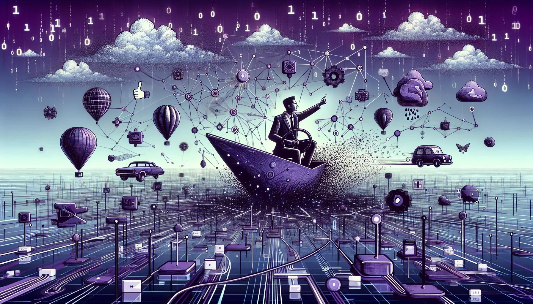 In the envisioned graphic, the scene is set in a vast, sprawling digital landscape, bathed in deep shades of dark purple, symbolizing the profound and influential journey of Marc Andreessen from a tech pioneer to a venture capital virtuoso. The background