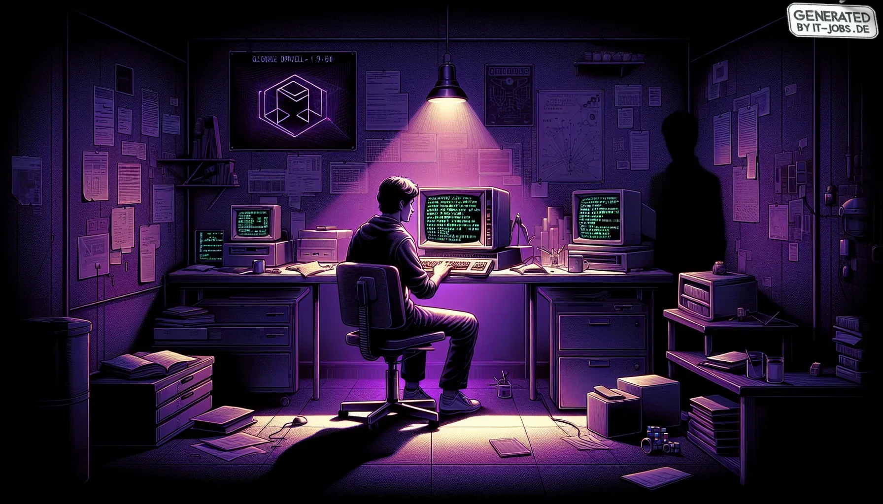In this visualization, the backdrop is a deep, dark purple, evoking the mysterious and innovative atmosphere of the Soviet Academy of Sciences in the mid-1980s. The scene is set in a dimly lit, slightly cluttered computer lab, with old, bulky computer mon