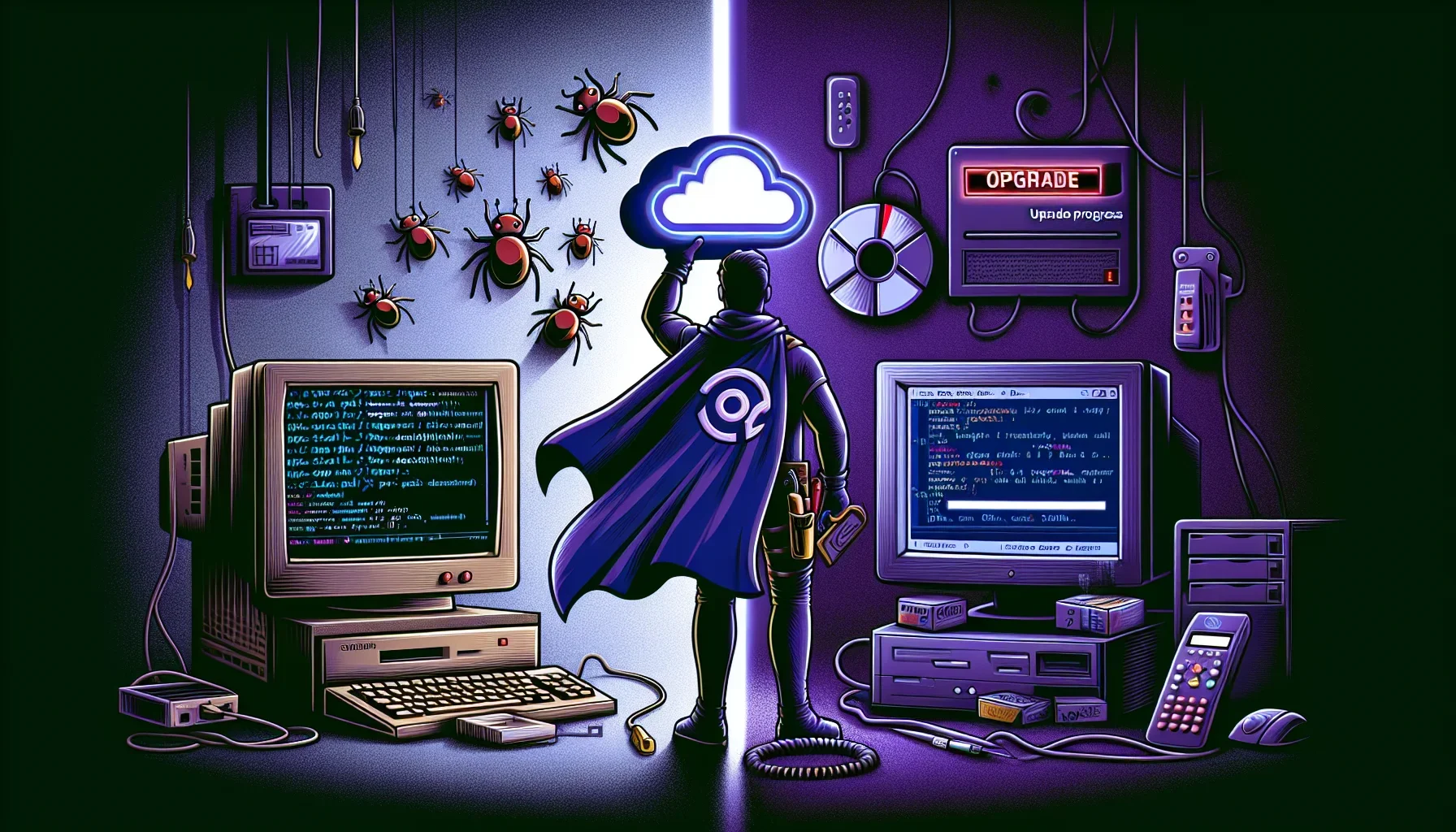 A digital art piece with a dark purple background, setting a dramatic tone. The scene is divided into two parts. On the left, a representation of the old Microsoft is depicted as a bulky, outdated PC with visible bugs, like little cartoon insects, crawlin