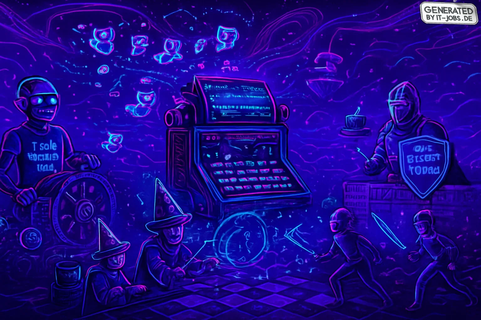 In a dark purple, futuristic media landscape, electric neon data streams pulse like digital arteries. At the center, a sleek neural processor resembles a typewriter, sending pixelated owls into the air. AI specialists, as whimsical wizards, conjure hologr