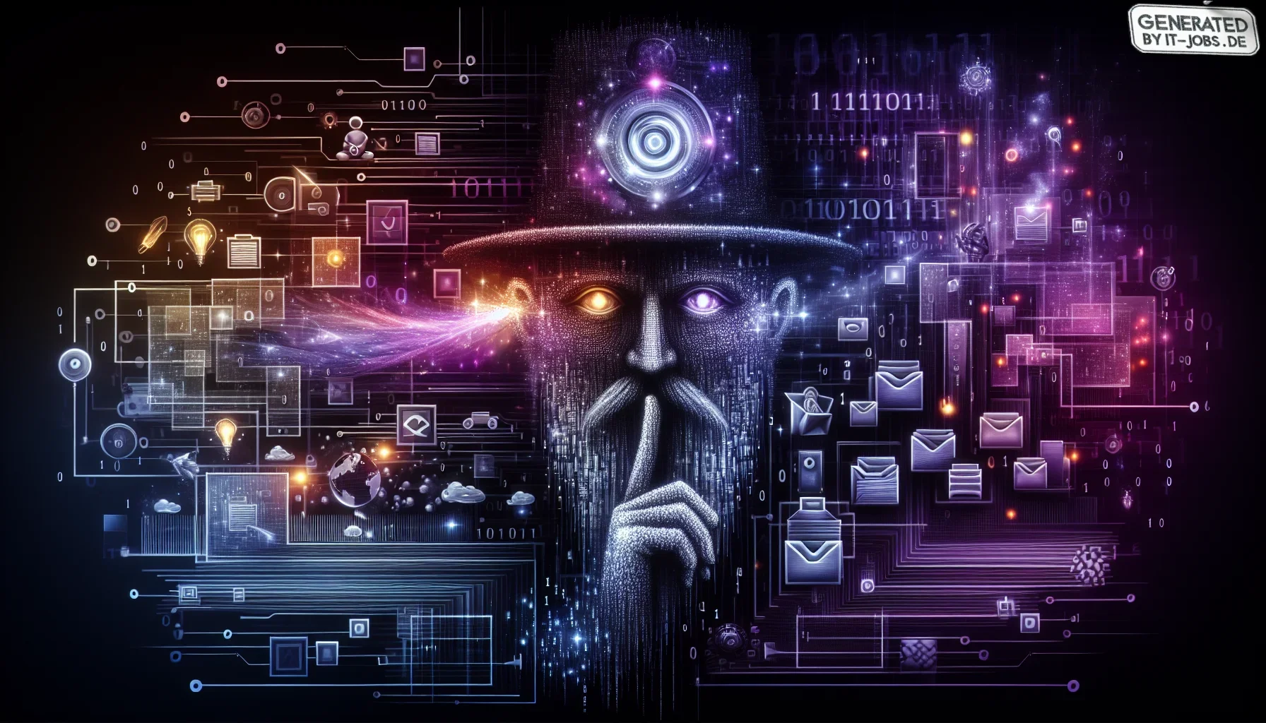 Visualize a dynamic and immersive digital artwork, pulsating with the deep hues of dark purple that dominate the canvas, creating an atmosphere that is both enigmatic and electrifying. This piece, titled "Guido's Odyssey through Tech Titans," artistically